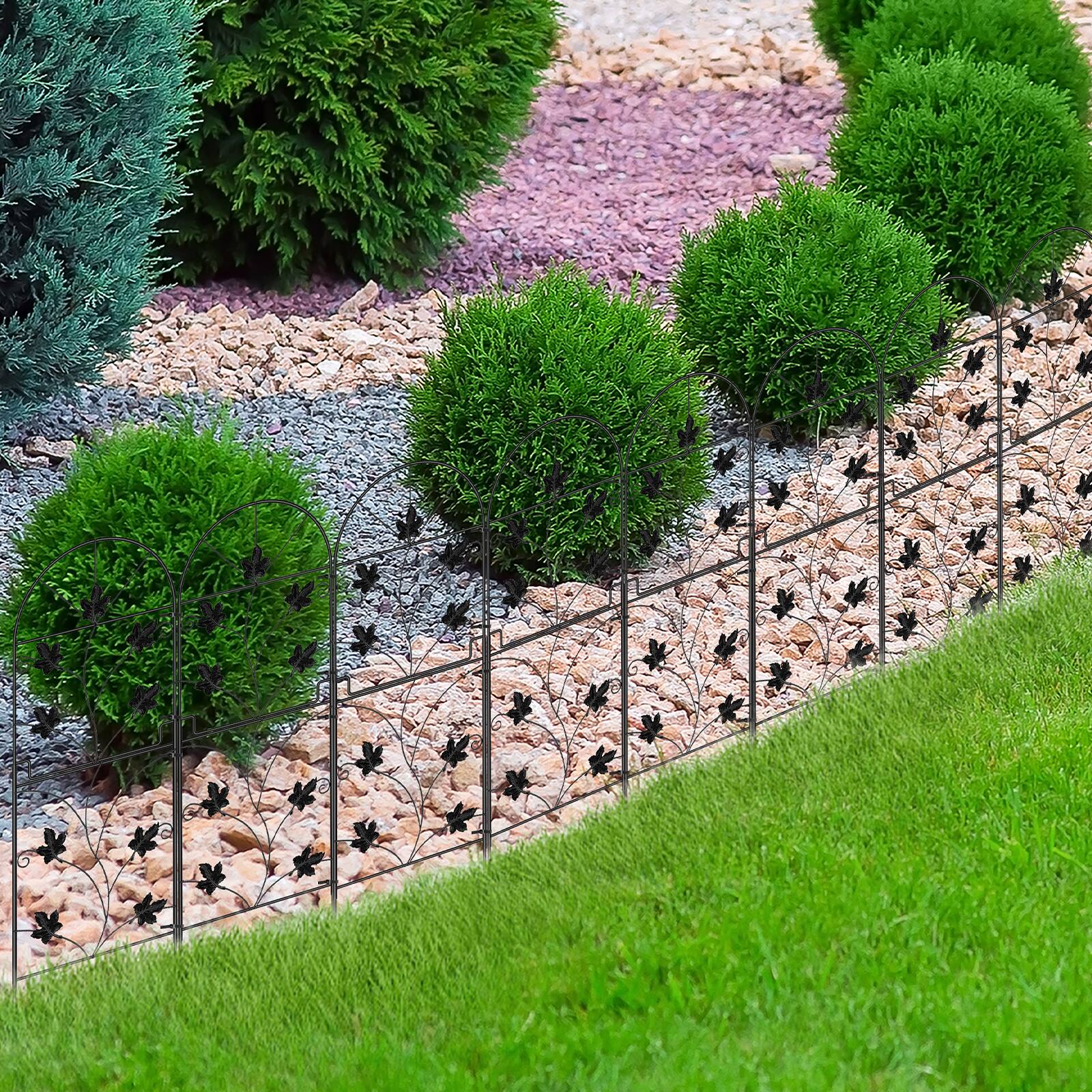 Alt View 1. Oumilen - 10-Pack Decorative Garden Fence Panels, 38in Tall Black Metal Leaf Scroll Border, 10ft Total Length Animal Barrier.