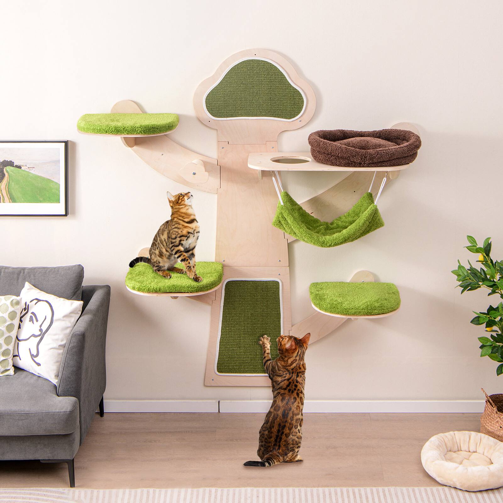 Alt View 1. Gymax - Gymax Wall-Mounted Cat Tower w/ Bed Hammock Sisal Scratching Post & Mats Cushions - GYM18393.