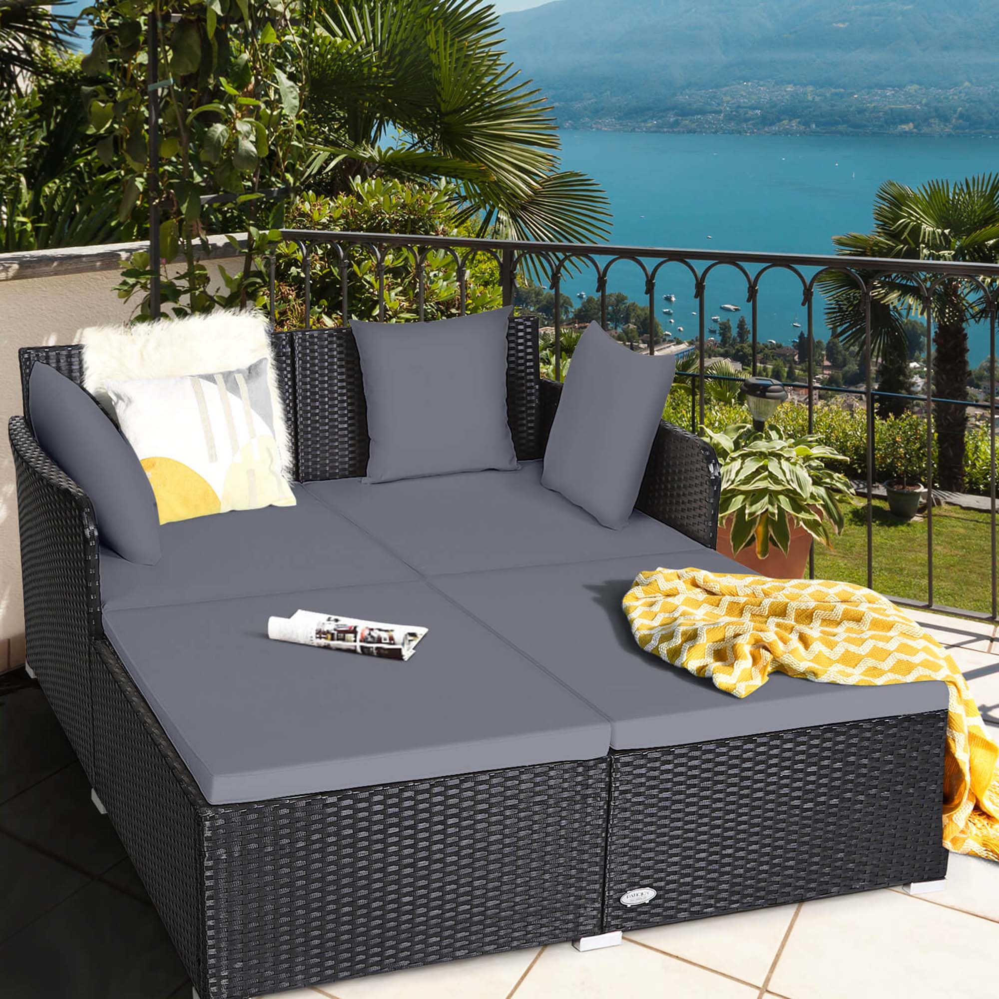 Alt View 1. Costway - Outdoor Patio Rattan Daybed Pillows Cushioned Sofa Furniture - Gray.