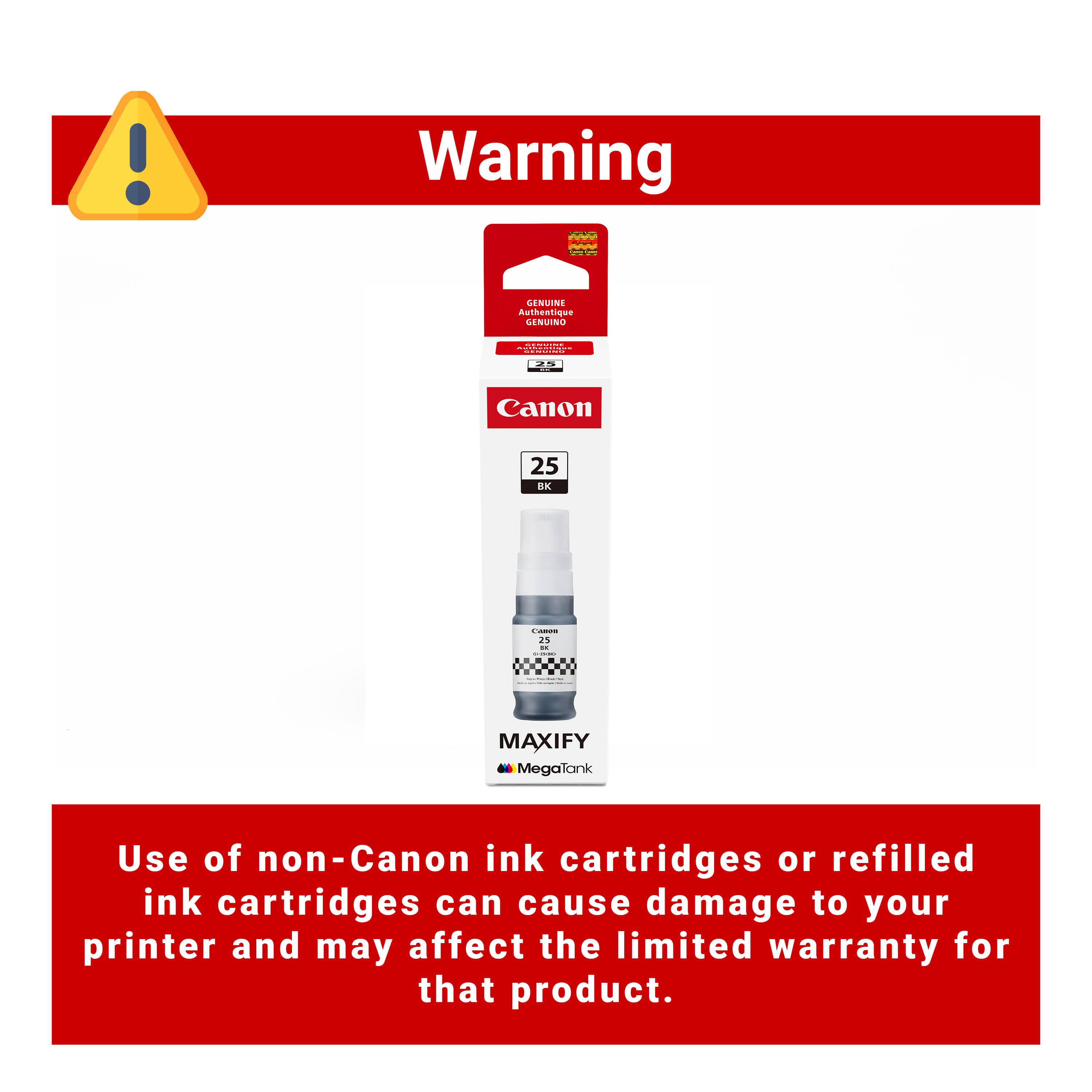 Warning

Use of non-Canon ink cartridges or refilled ink cartridges can cause damage to your printer and may affect the limited warranty for that product.