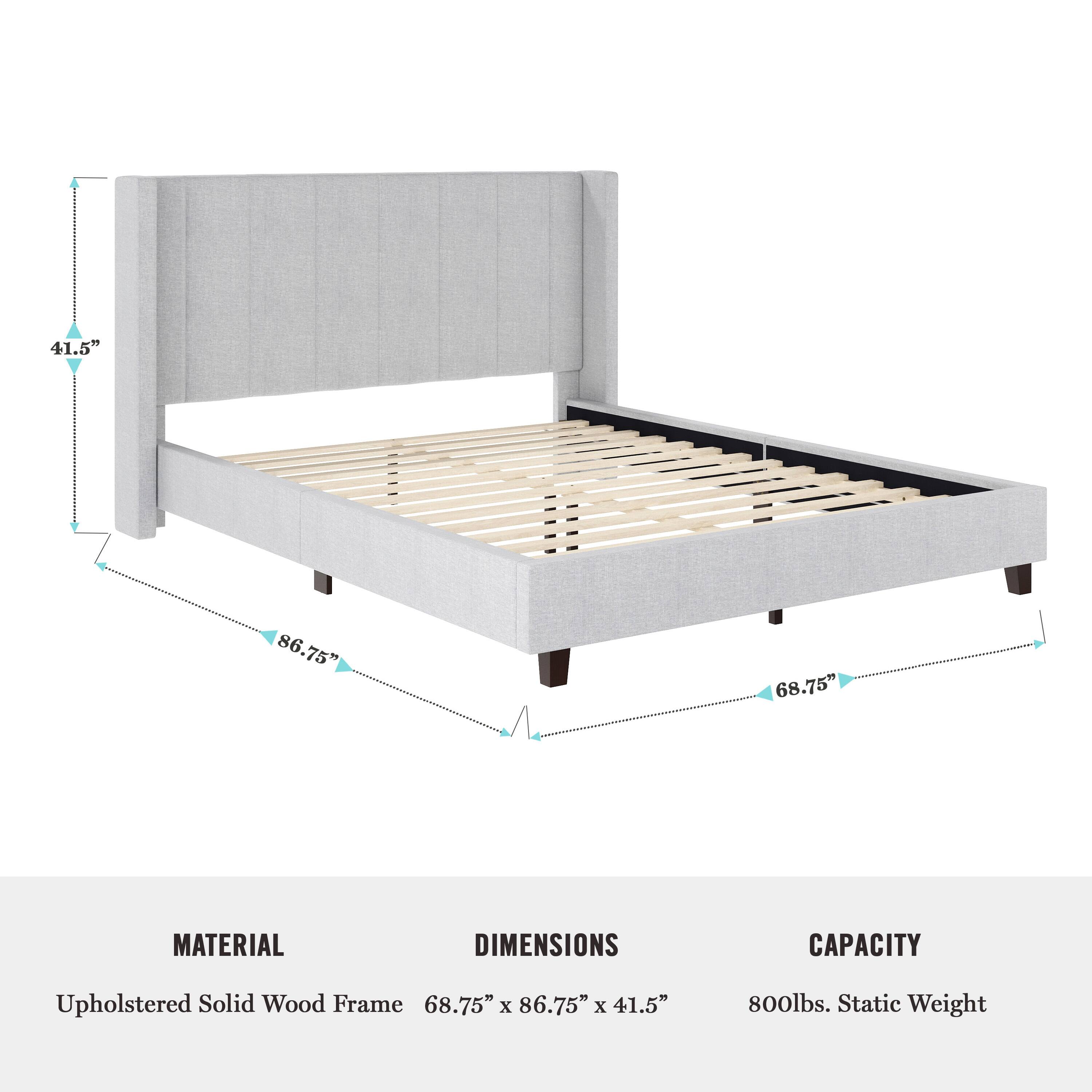 The text on the image is grouped and corrected as follows:

Material: Upholstered Solid Wood Frame
Dimensions: 68.75" x 86.75" x 41.5"
Capacity: 800lbs. Static Weight