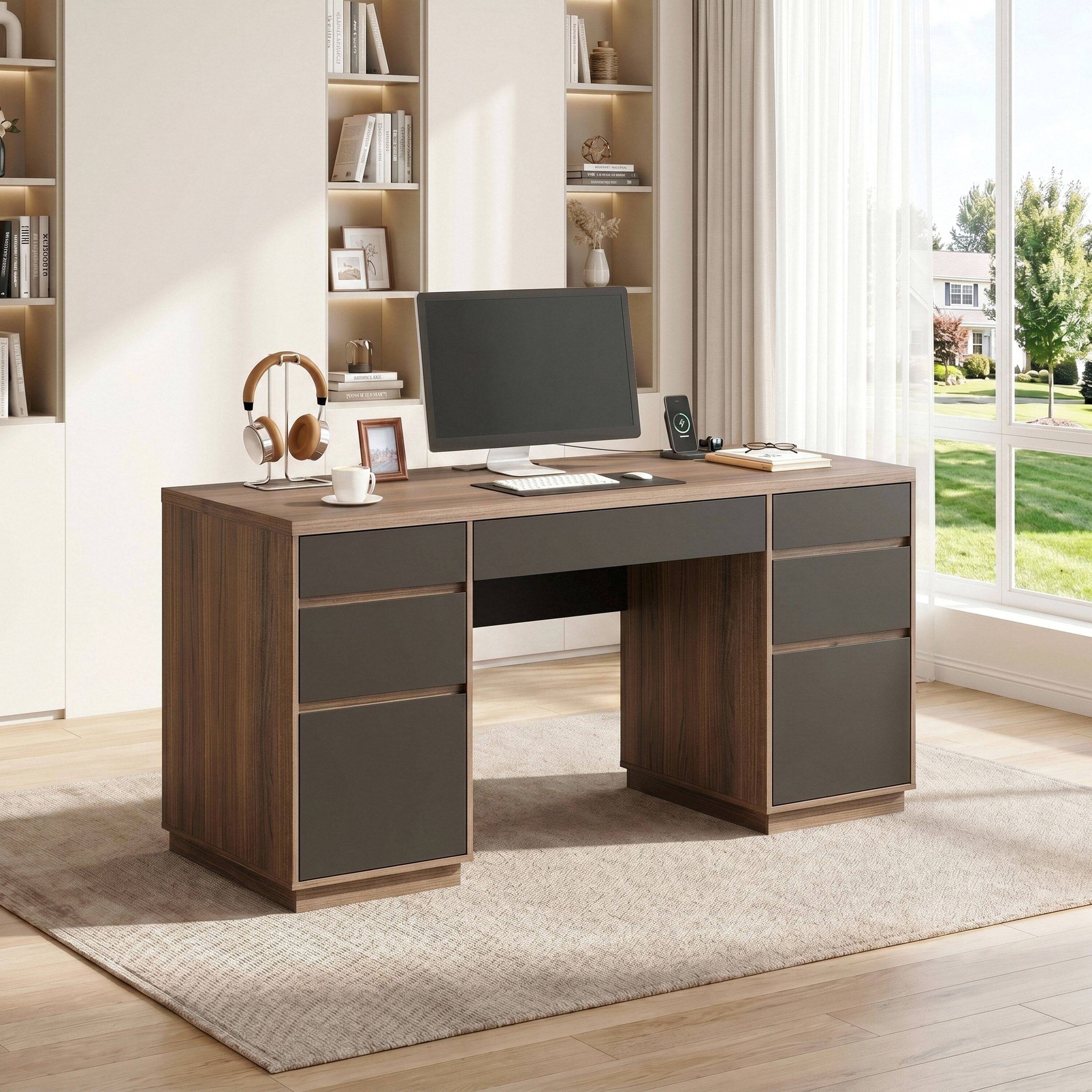 Alt View 5. ModernMate - Executive Desk with 7 Drawers, 63'' Computer Desk with Built-in Power Outlets, Letter/A4 Size, Privacy Panel - Black Walnut.