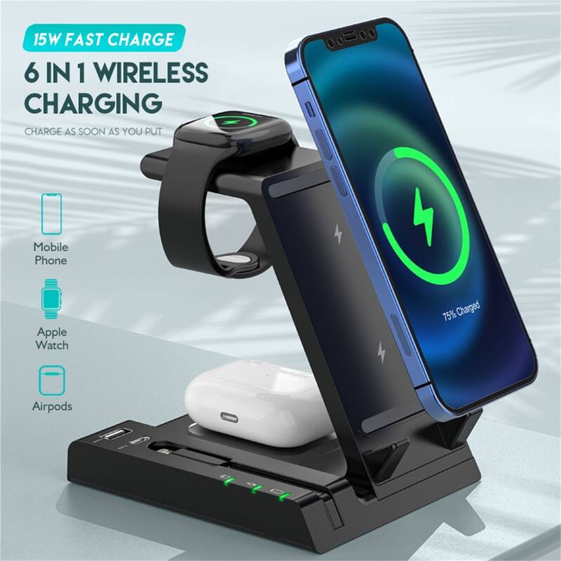 15W FAST CHARGE  
6 IN 1 WIRELESS CHARGING  
CHARGE AS SOON AS YOU PUT  

Mobile Phone  
Apple Watch  
Airpods  

75% Charged