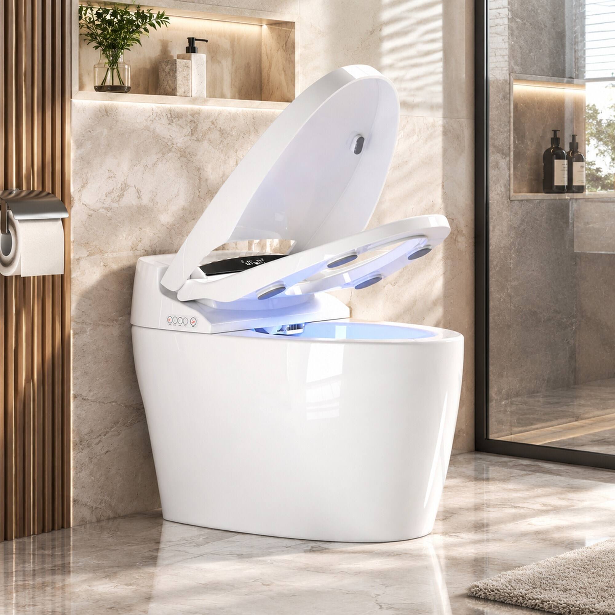 Left. RYHNUYNE - Smart Toilet With Heated Bidet Seat, Auto Open Close Warm Water Dryer Sanitary Fixture For Home Bathroom Daily Use - White.