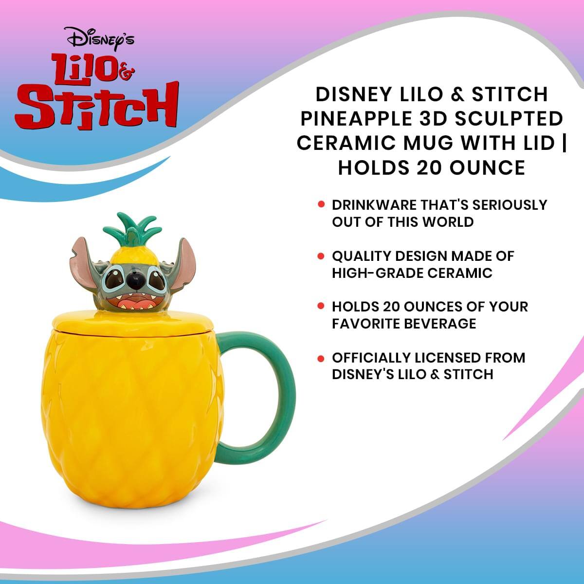 Disney's Lilo & Stitch

DISNEY Lilo & Stitch Pineapple 3D Sculpted Ceramic Mug with Lid | Holds 20 Ounce

- Drinkware that's seriously out of this world
- Quality design made of high-grade ceramic
- Holds 20 ounces of your favorite beverage
- Officially licensed from Disney's Lilo & Stitch