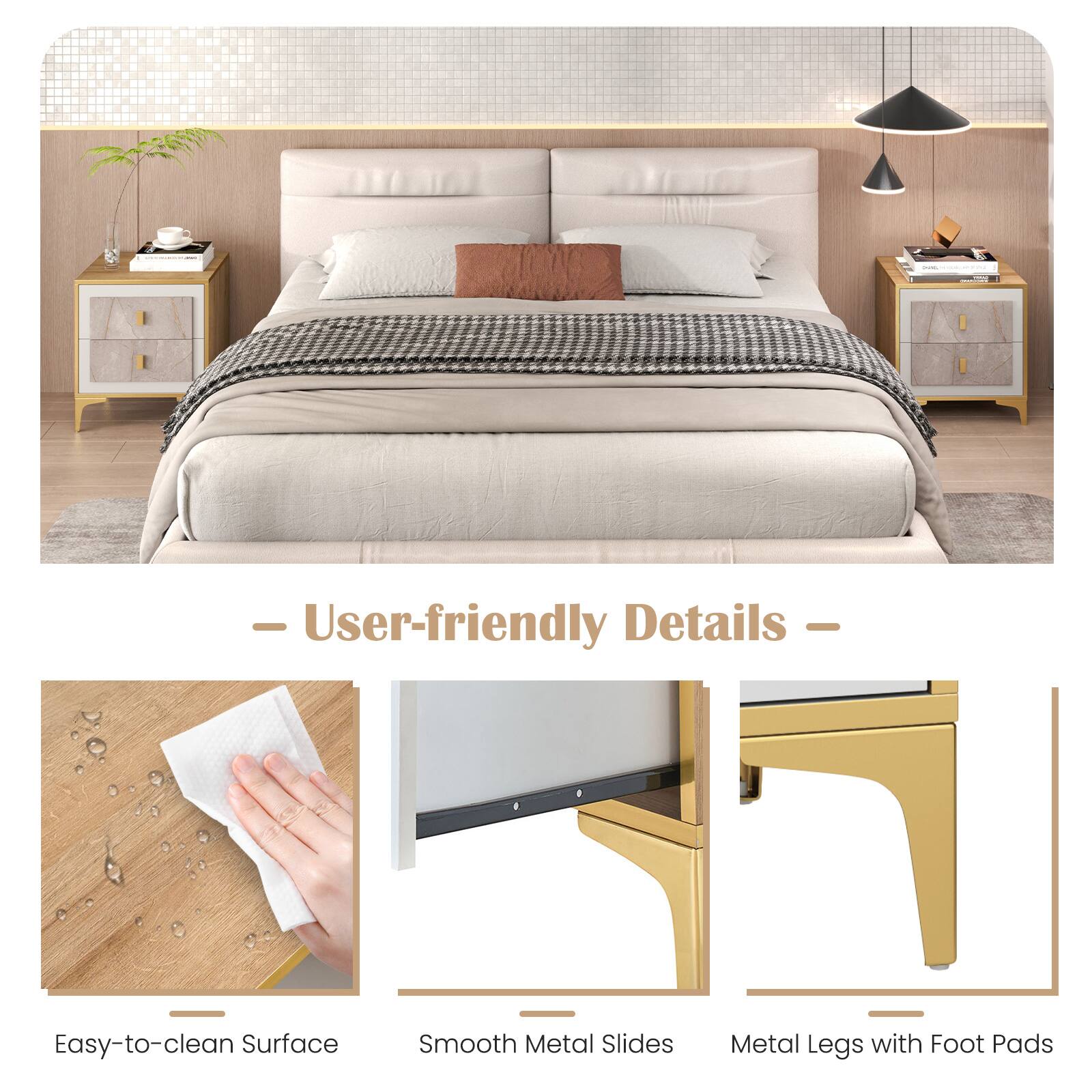 DONGHECORLAPPYNE  
GRACCIONER  
- User-friendly Details -  
Easy-to-clean Surface  
Smooth Metal Slides  
Metal Legs with Foot Pads