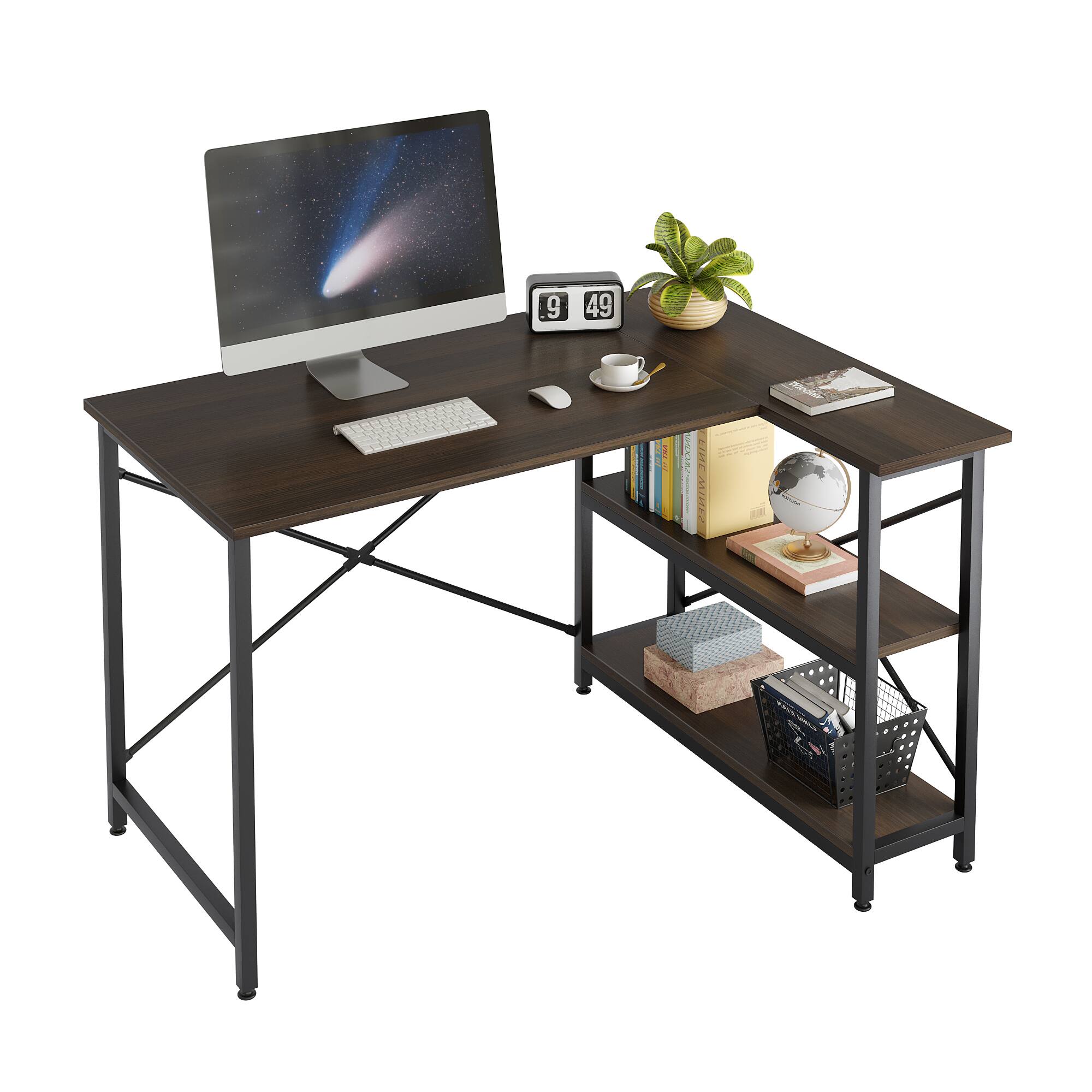 Angle. Bestier - Bestier L-Shaped Corner Computer Desk with Storage Shelf - 48" wide - Dark Walnut.