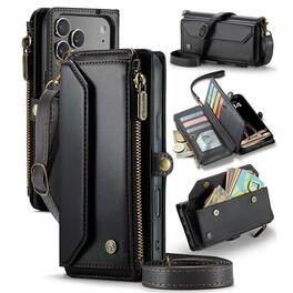 UUCOVER - Magnetic Zipper Wallet Case for iPhone 17 Pro Max Leather Card Slots RFID Blocking Stand Cover with Shoulder/Wrist Strap - Black
