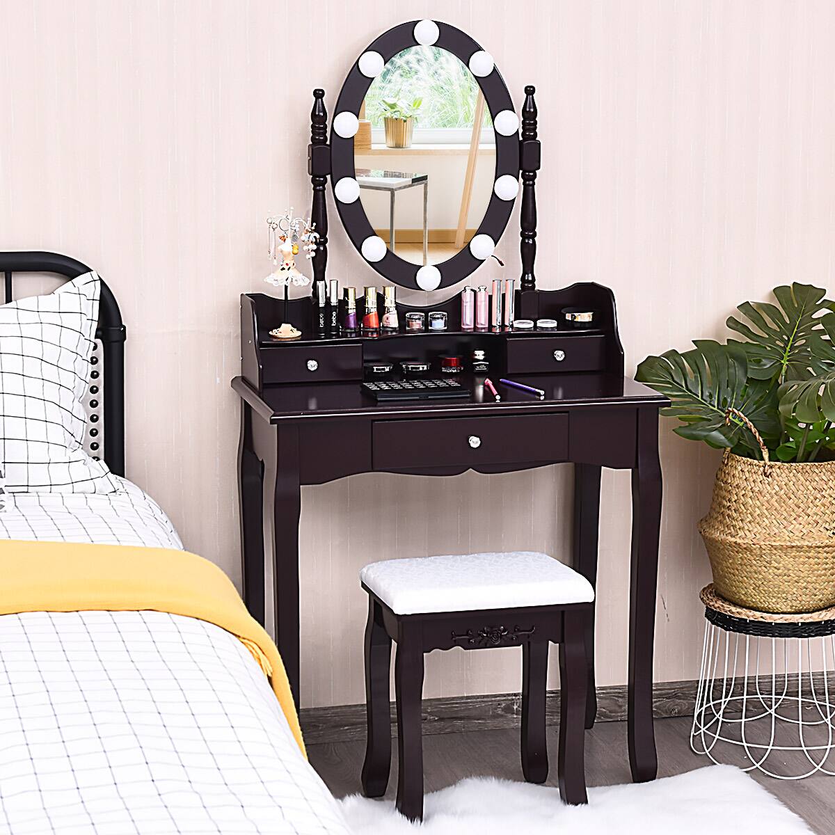 Alt View 1. Costway - Costway Vanity Dressing Table 10 Dimmable Bulbs Touch Switch - Brown.