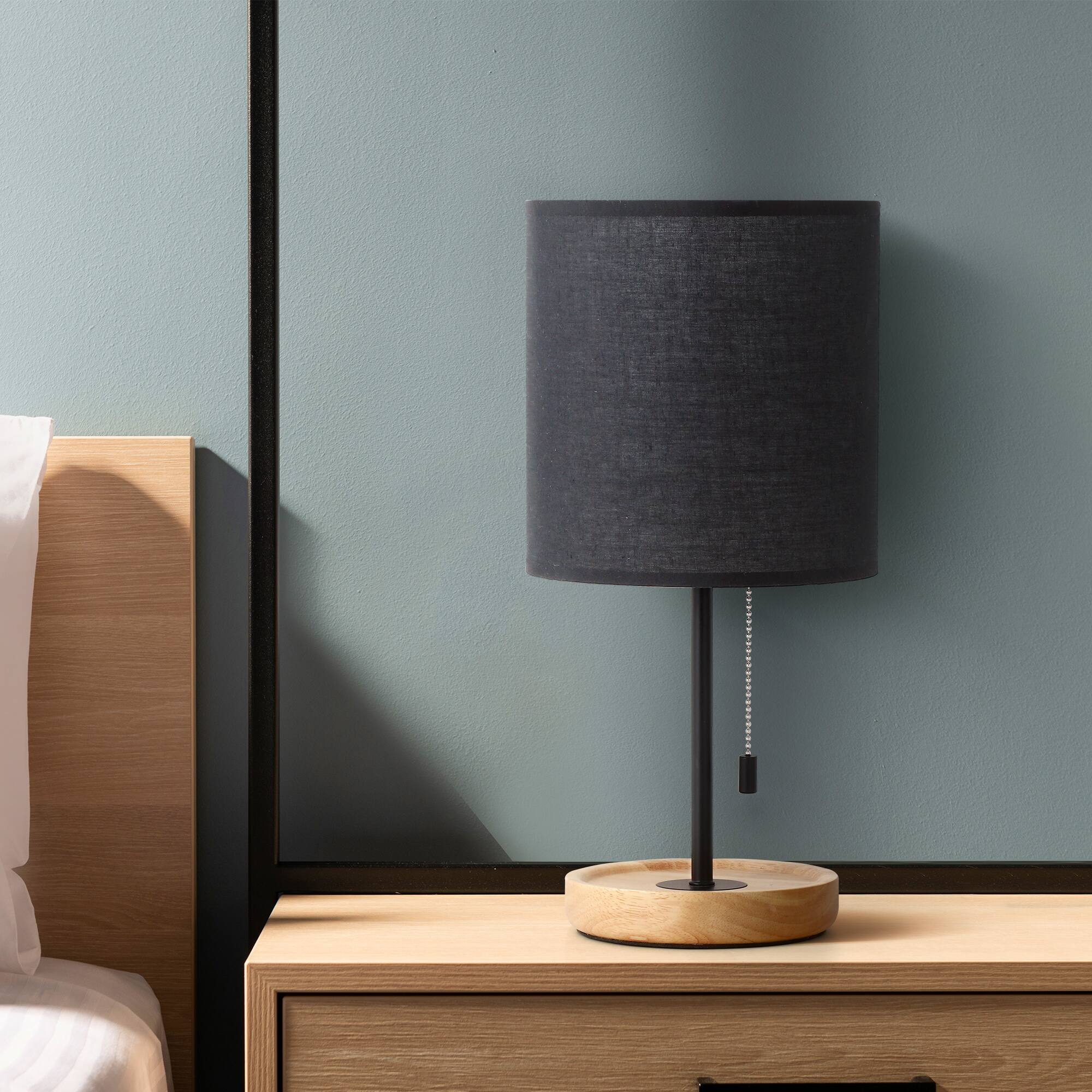 Oumilen 16in Table Lamp – Black Cylinder Linen Shade, Wood Tray Base ...