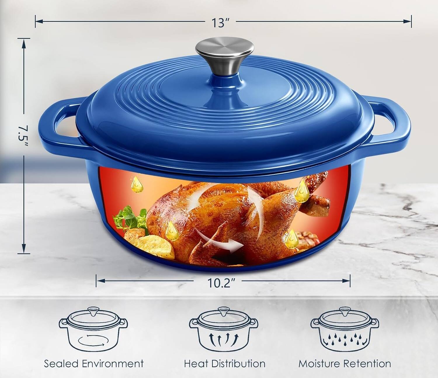 13"  
7.5"  
10.2"  

Sealed Environment  
Heat Distribution  
Moisture Retention