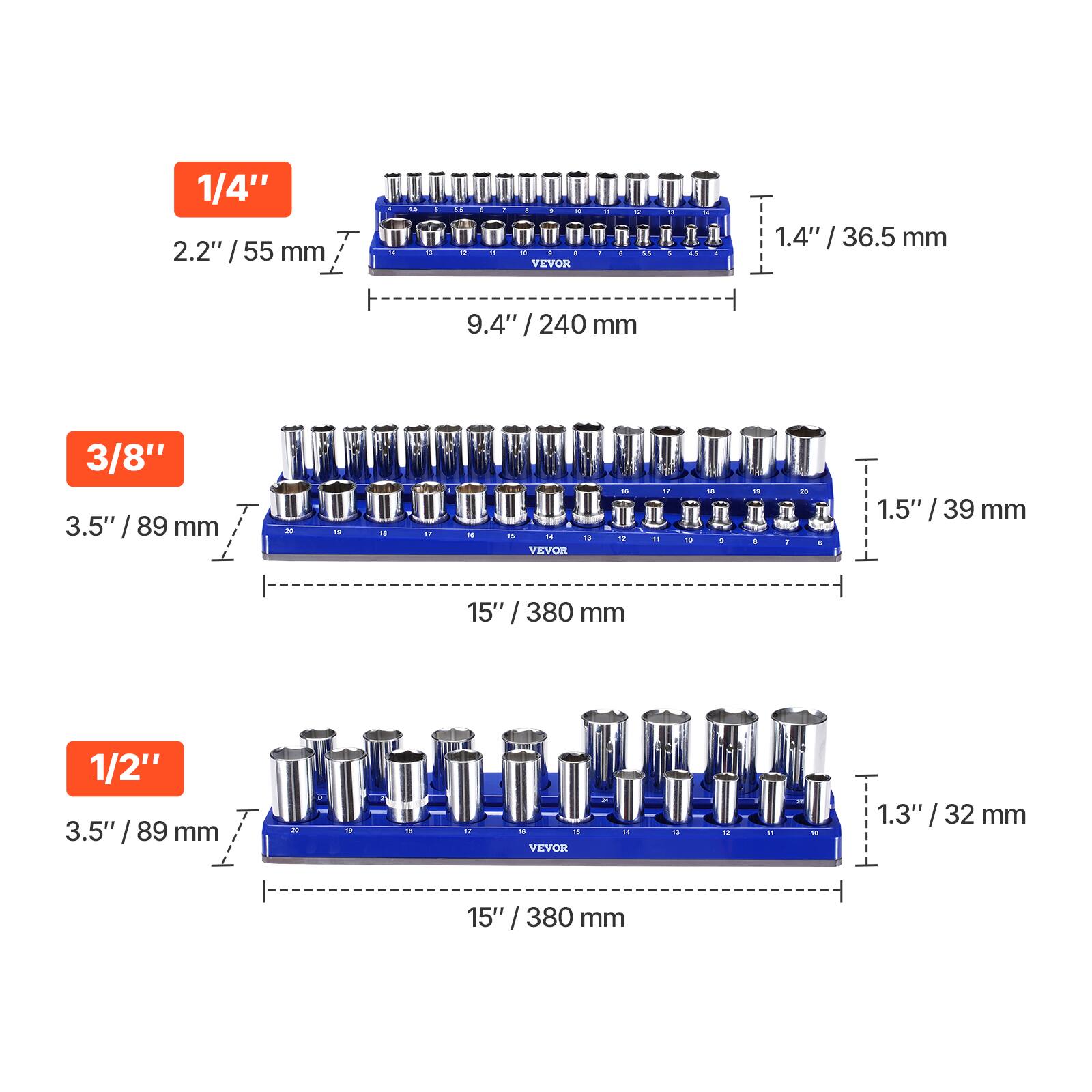 1/4"  
2.2" / 55 mm  
1.4" / 36.5 mm  
9.4" / 240 mm  

3/8"  
3.5" / 89 mm  
1.5" / 39 mm  
15" / 380 mm  

1/2"  
3.5" / 89 mm  
1.3" / 32 mm  
15" / 380 mm