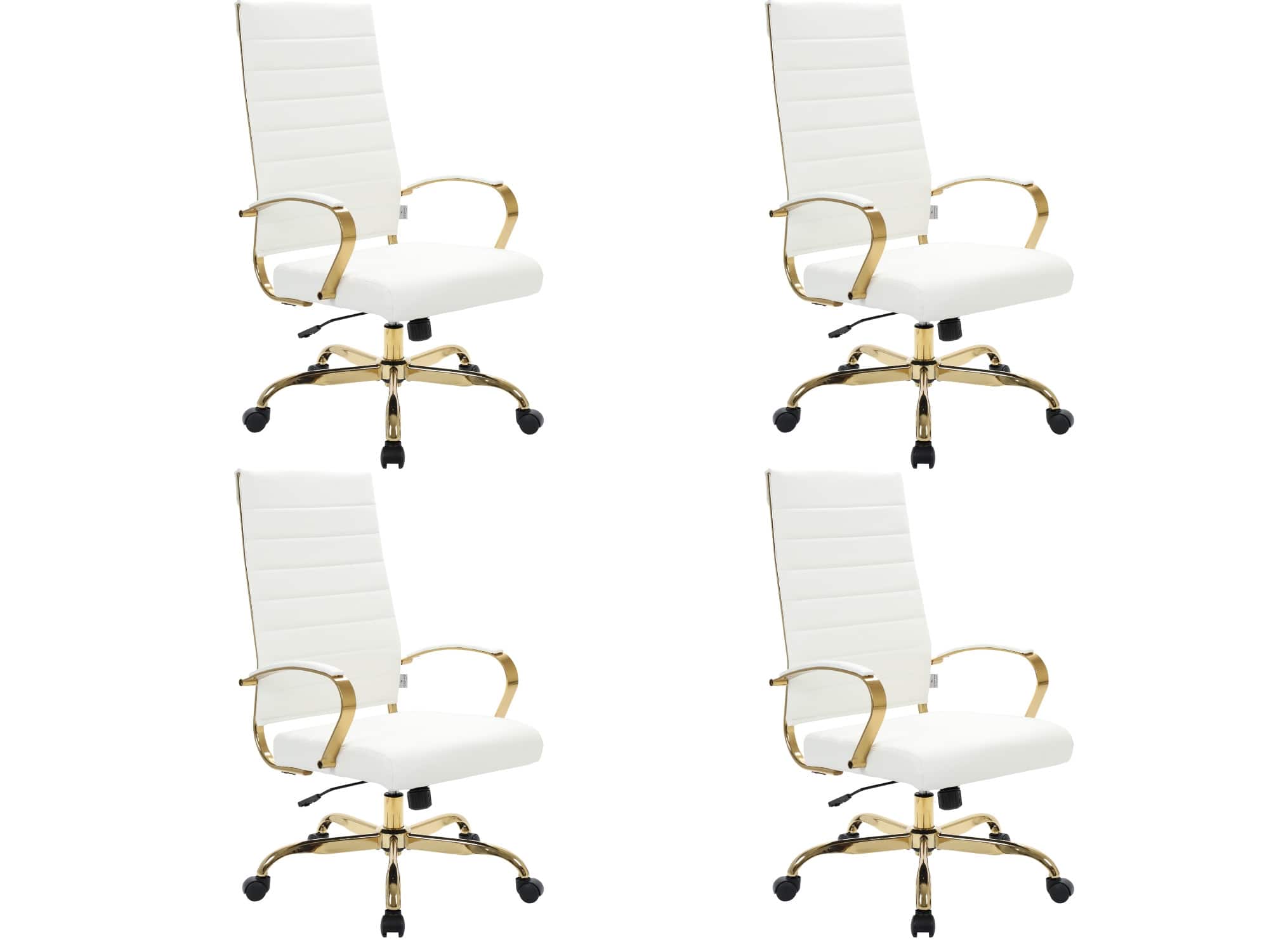LeisureMod - Set of 4 Benmar High-Back Leather Upholstered Swivel Executive Office Chair with Gold Accents, Adjustable, and Tilt - White