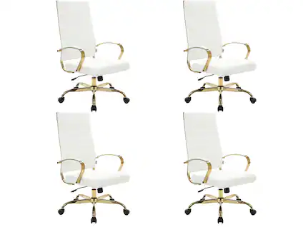 LeisureMod - Set of 4 Benmar High-Back Leather Upholstered Swivel Executive Office Chair with Gold Accents, Adjustable, and Tilt - White
