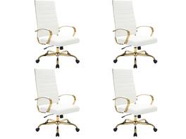 LeisureMod - Set of 4 Benmar High-Back Leather Upholstered Swivel Executive Office Chair with Gold Accents, Adjustable, and Tilt - White