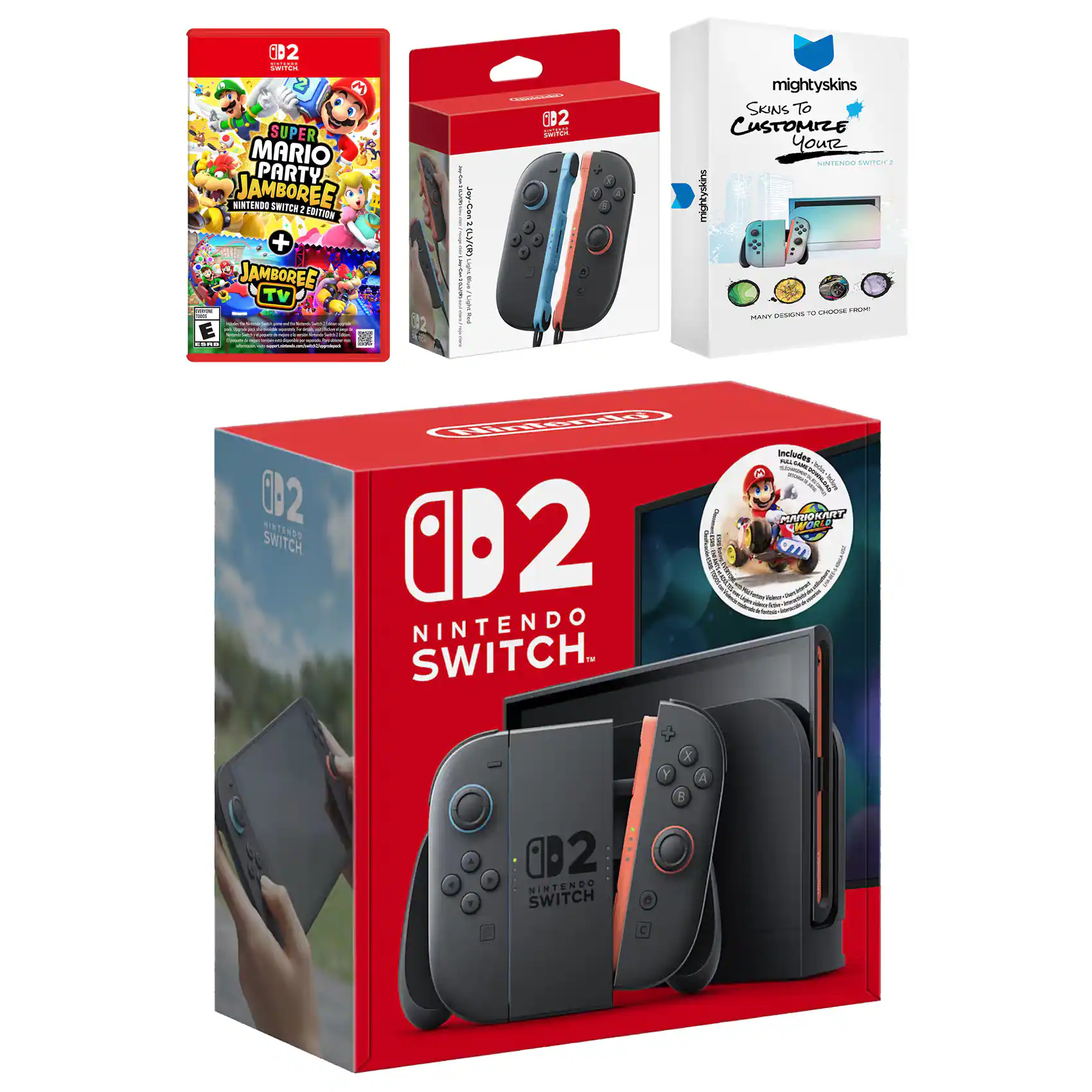 6D2 - Super Mario Party Jamboree Nintendo Switch Edition + Jamboree TV Edition  
CB2 - Nintendo Switch  
mightyskins - Skins to Customize Your Nintendo Switch 2  
Includes:  
- 1 Nintendo Switch  
- 1 Super Mario Party Jamboree Nintendo Switch Edition  
- 1 Jamboree TV Edition  
- 1 mightyskins Skin Set  
- 12 Nintendo Switch Joy-Con Stickers