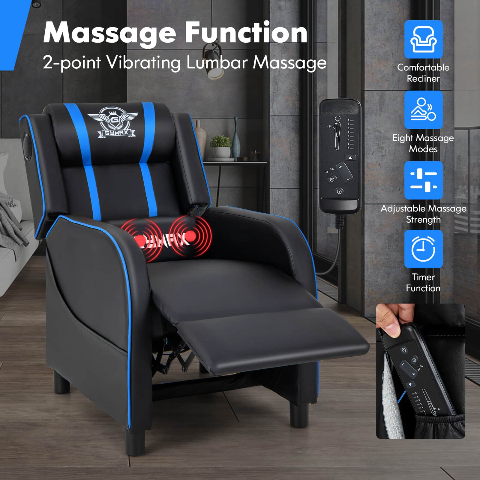 Massage Function 2-Point Vibrating Lumbar Massage Comfortable Recliner HUTR 1 GMA K + 100 Eight Massage Modes MFIC Adjustable Massage Strength Timer Function.