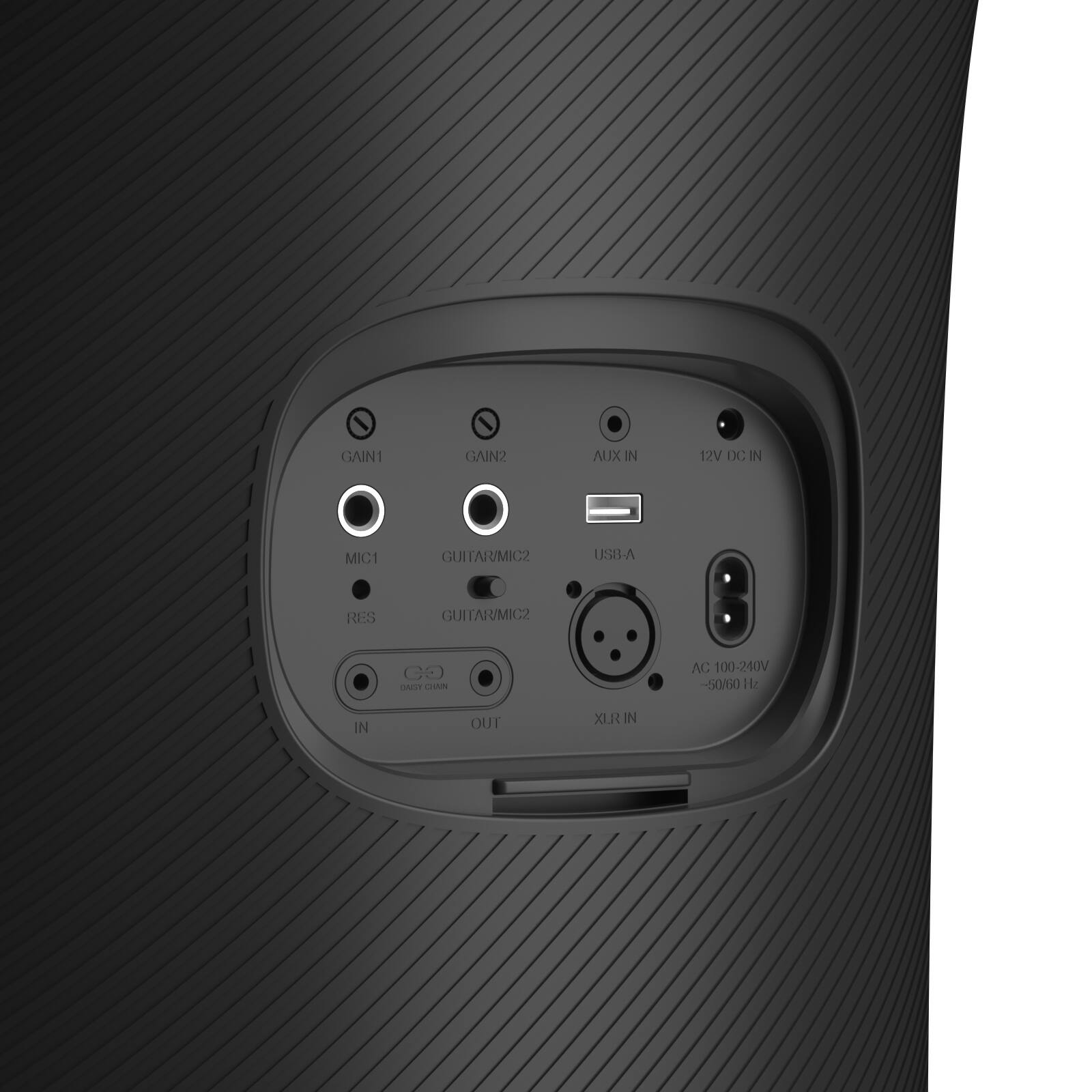 GAIN1 GAIN2 AUX IN 12V DC IN MIC1 GUITAR/MIC2 RES GUITAR/MIC2 XLR IN A-B2U OUT C USB-A AC 100-240V 50/60Hz IN OUT XLR IN