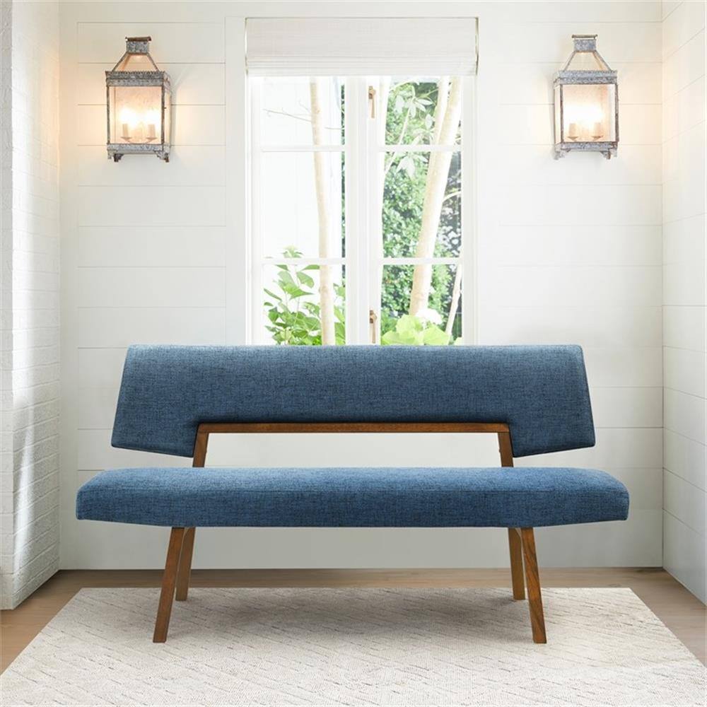 Alt View 4. Armen Living - Channell Wood Dining Bench in Walnut Finish with Blue Fabric - Blue.