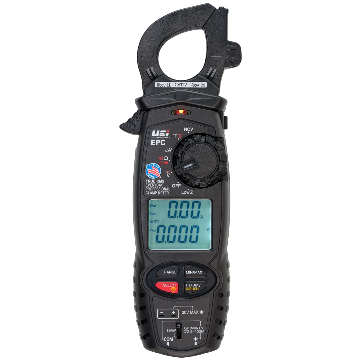 600V CAT IV 400A 1  
NCV UEI F C on POTRIVIENTS EPC  
V TRUE RMS EVERYDAY OFF PROFESSIONAL CLAMP METER Low Z  
Apo 000 A AUTO 0000  
RANGE MIN/MAX  
SELECT  
Hz/Duty INRUSH  
+  
30V MAX  
CAT IV 600V TEMP CAT II=1000V  
COM