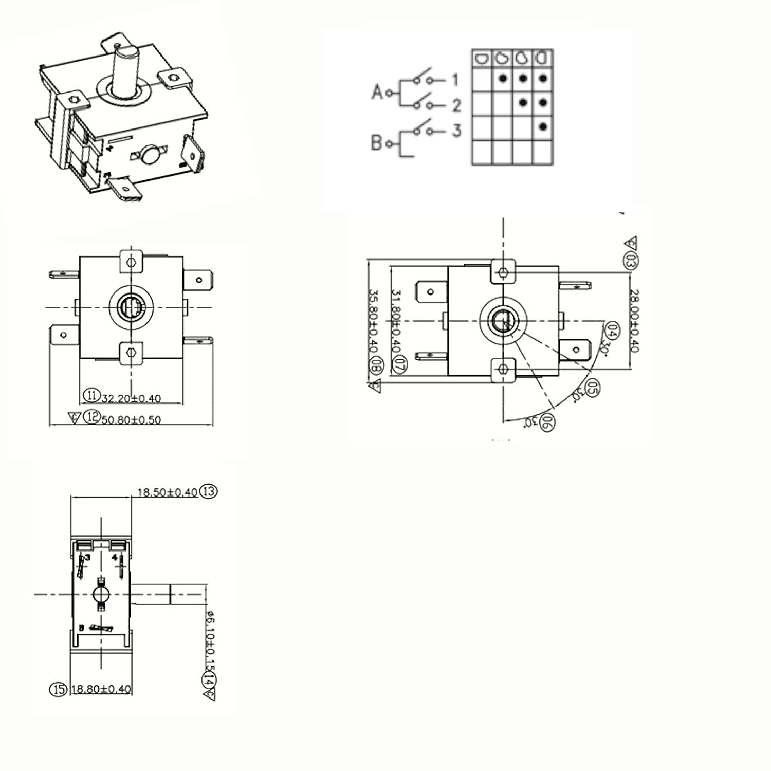 A o B o 1 2 3 . 11 32.20+0.40 S 50.80+0.50 @rH08.12 04 EQ 28.000.40  18,500.40 13 B 15 18.80+0.40 06 6.100.150 0F0 4

A
1
2
3

B

11 32.20+0.40
12 50.80+0.50

18.50+0.40 (13)

15 18.80+0.40