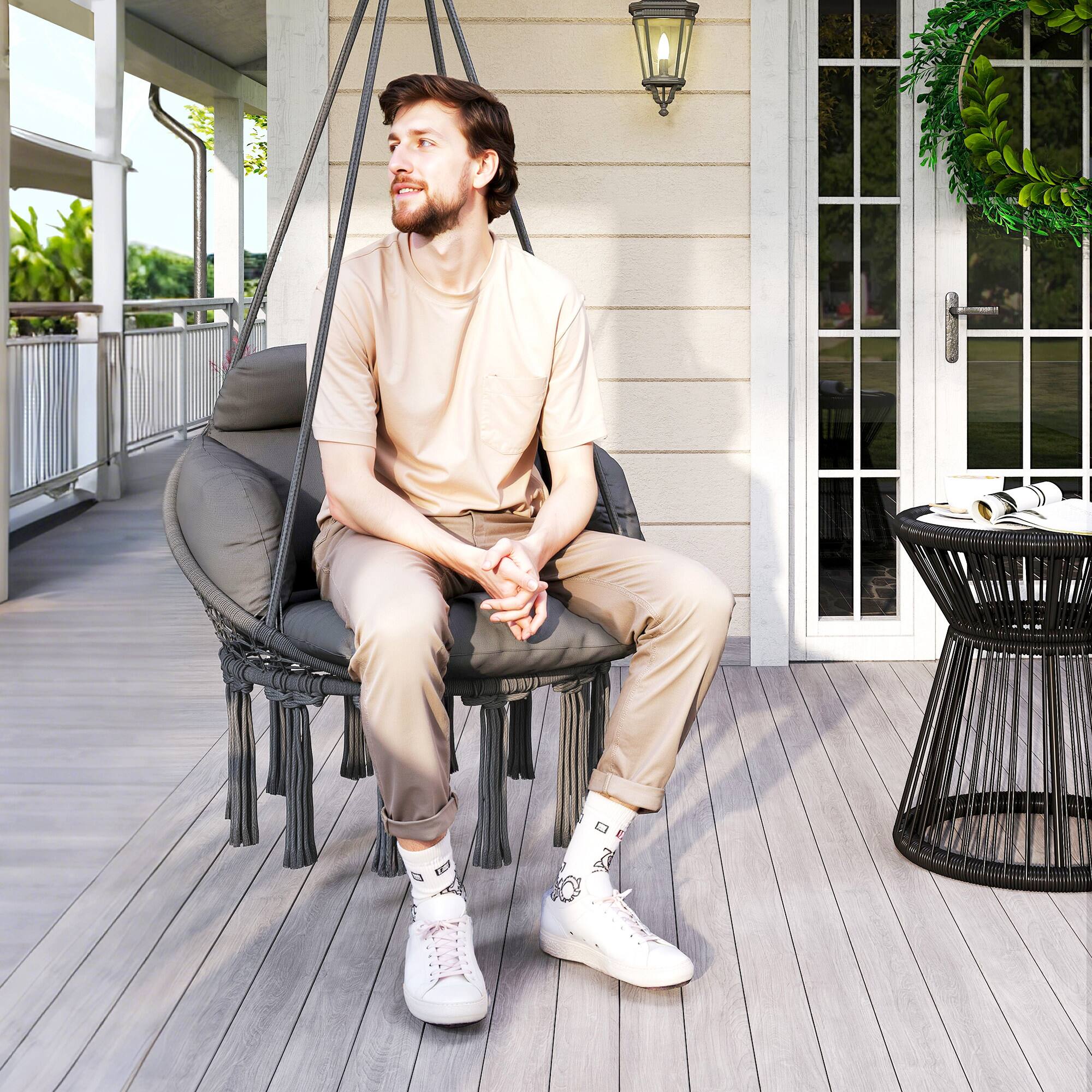 Alt View 7. Outsunny - Swing Chair, Macrame Hanging Chair with Large Cushion, Chain, Steel Frame for Indoor Outdoor Use - Dark Gray.