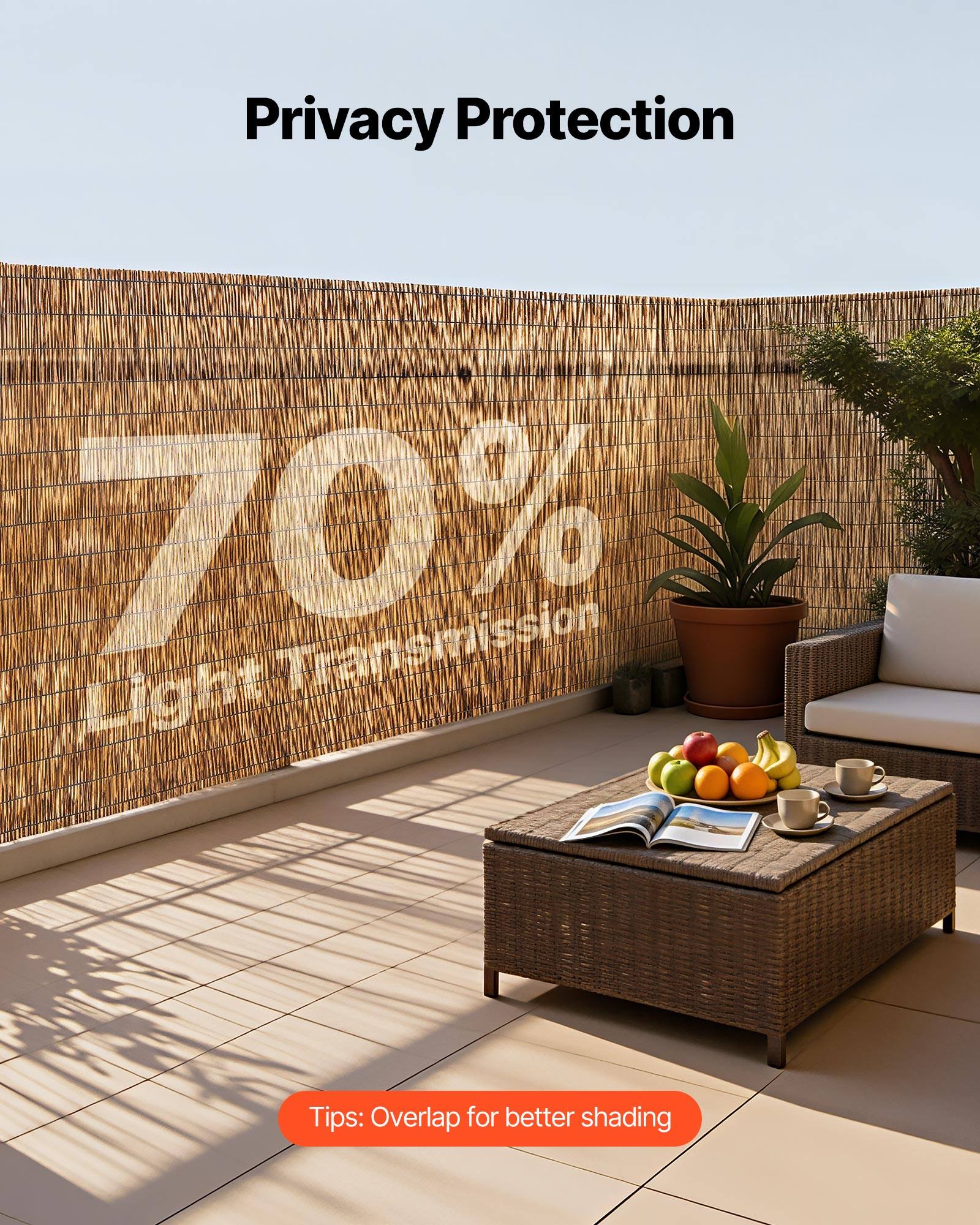 Privacy Protection  
70% Light Transmission  

Tips: Overlap for better shading