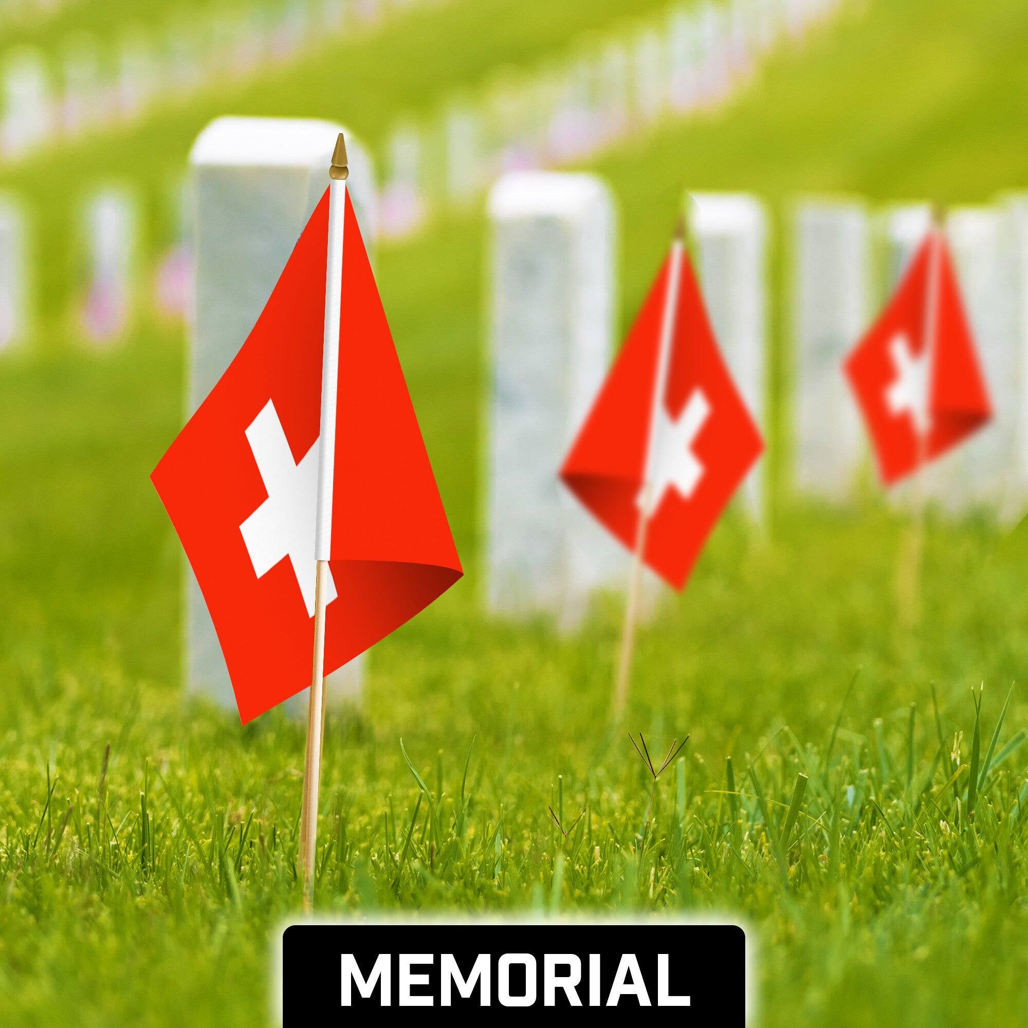 Back. G128 - 24-Pack Handheld Switzerland Stick Flags, 12 x 18 in, 150D Polyester, Wooden Spear Tips. - Assorted Colors.