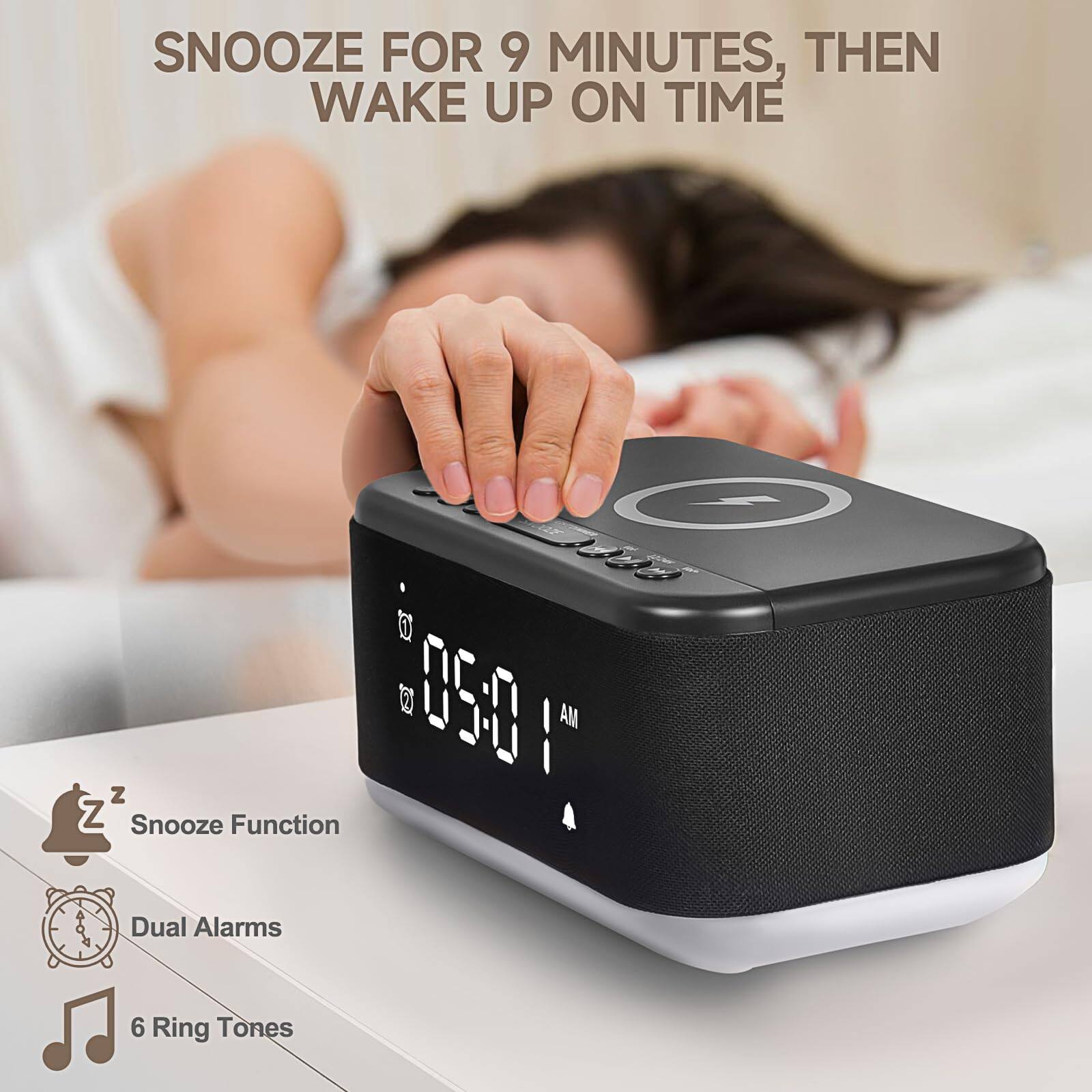 SNOOZE FOR 9 MINUTES, THEN WAKE UP ON TIME

- Snooze Function
- Dual Alarms
- 6 Ring Tones