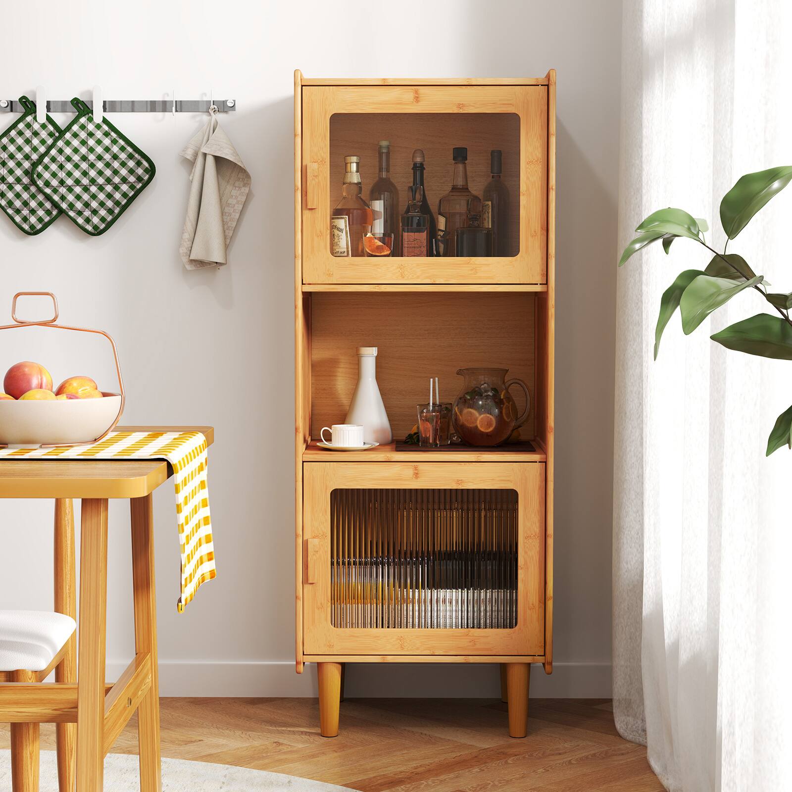 Alt View 3. Gymax - Gymax Bamboo Cabinet Narrow Kitchen Storage Cabinet w/ Open Compartment & Storage - Natural.