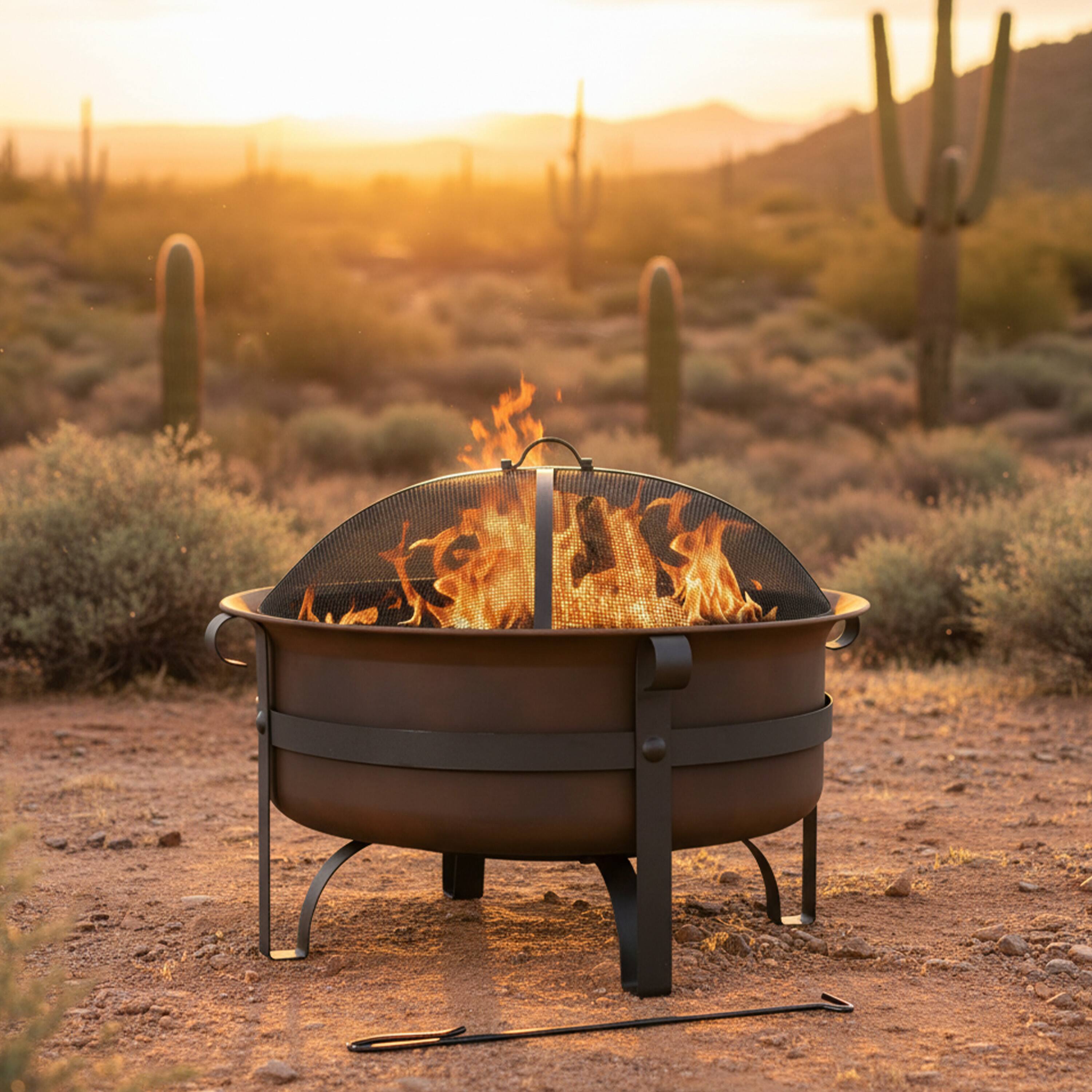 Alt View 1. Sunnydaze - 29 in Cauldron Style Steel Fire Pit with Spark Screen - Bronze.