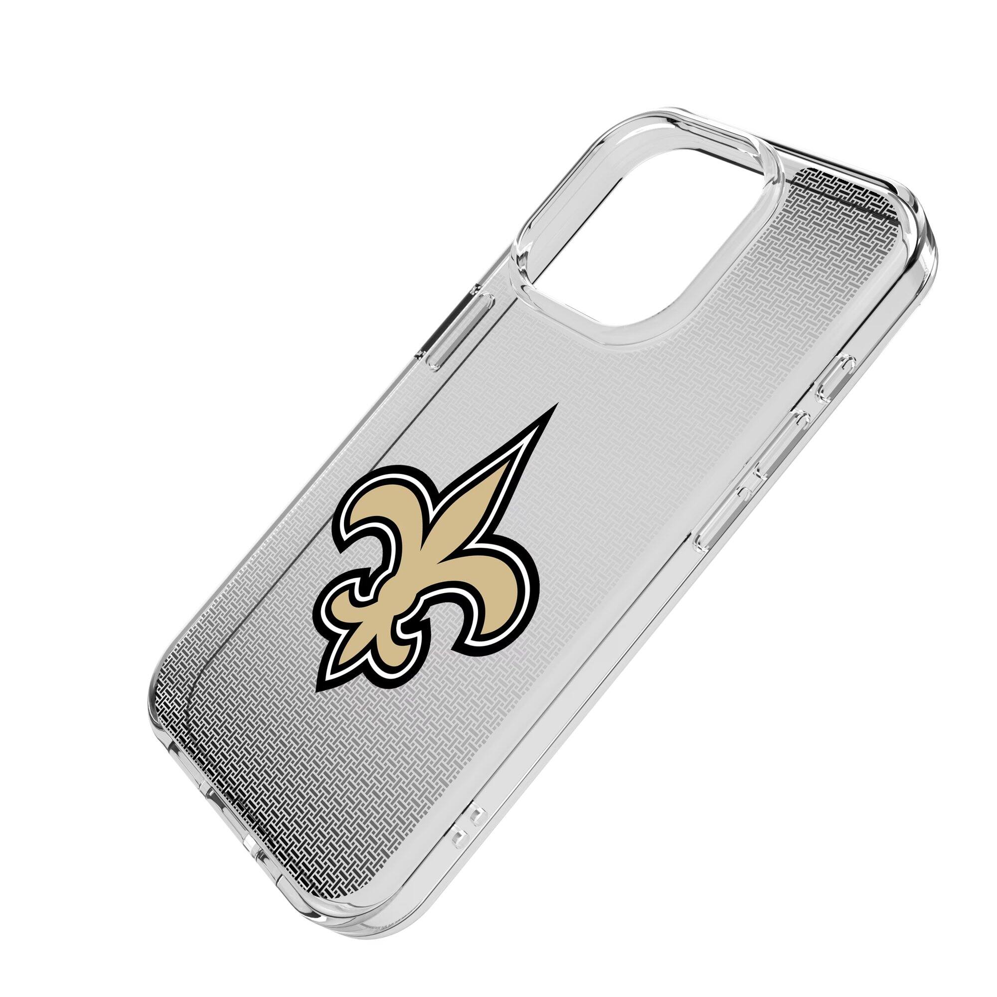 Alt View 1. Keyscaper - New Orleans Saints Linen Logo iPhone Clear Case - 15 Pro Max - Multicolor.