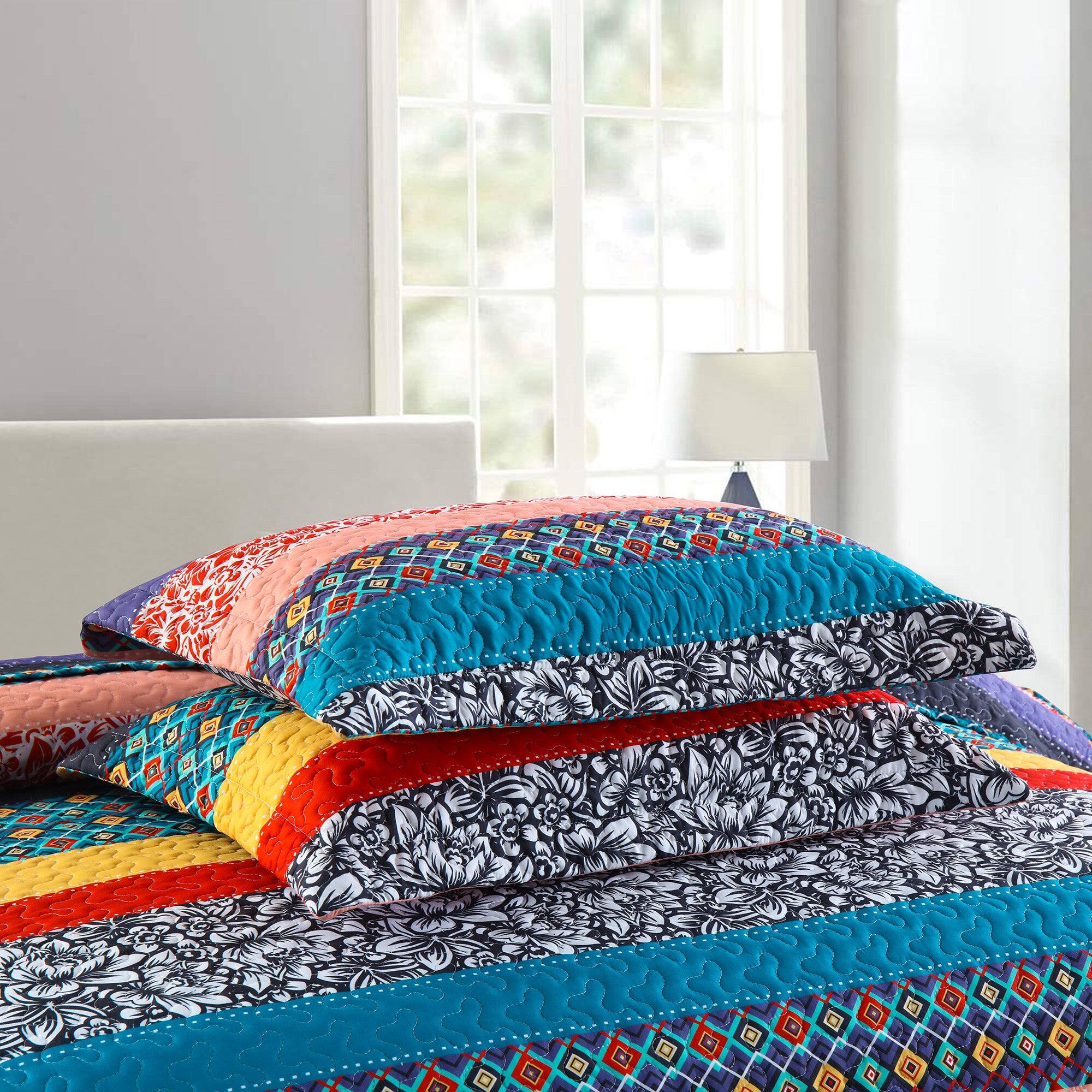 Alt View 1. MarCielo - MarCielo Soft Polyester 3 Pcs Bohemian Striped Multicolor Quilt Bedspread Set - Multicolored.