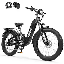 Eskute - 26" Step-Thru Fat Tire Electric Bike, 1500W Peak Motor, 80-Mile Range, Full Suspension, with Phone Bag & Lock - Black