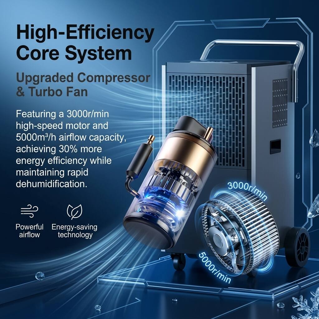 High-Efficiency Core System  
Upgraded Compressor & Turbo Fan  

Featuring a 3000r/min high-speed motor and 5000m³/h airflow capacity, achieving 30% more energy efficiency while maintaining rapid dehumidification.  

3000r/min Powerful Energy-saving airflow technology  
5000r/min