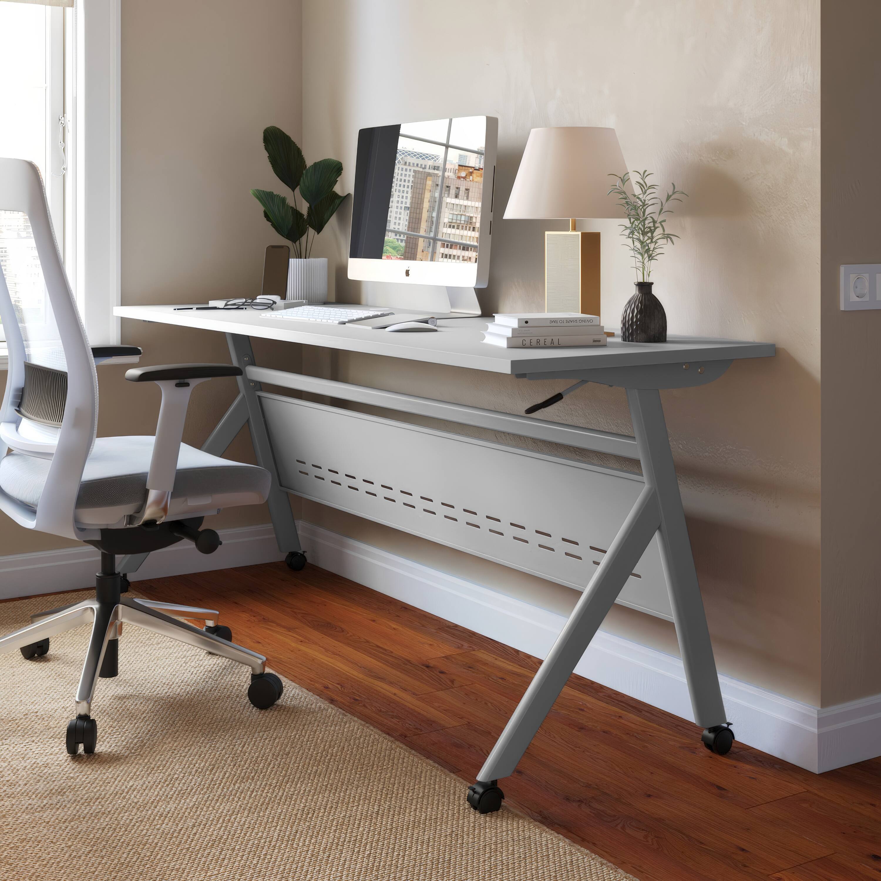 Alt View 1. Emma + Oliver - Griffin Heavy-Duty Flip Top Training Table with Nesting Design, Privacy Panel, Y-Legs, Tabletop, Metal Frame - Gray Top/Gray Frame.