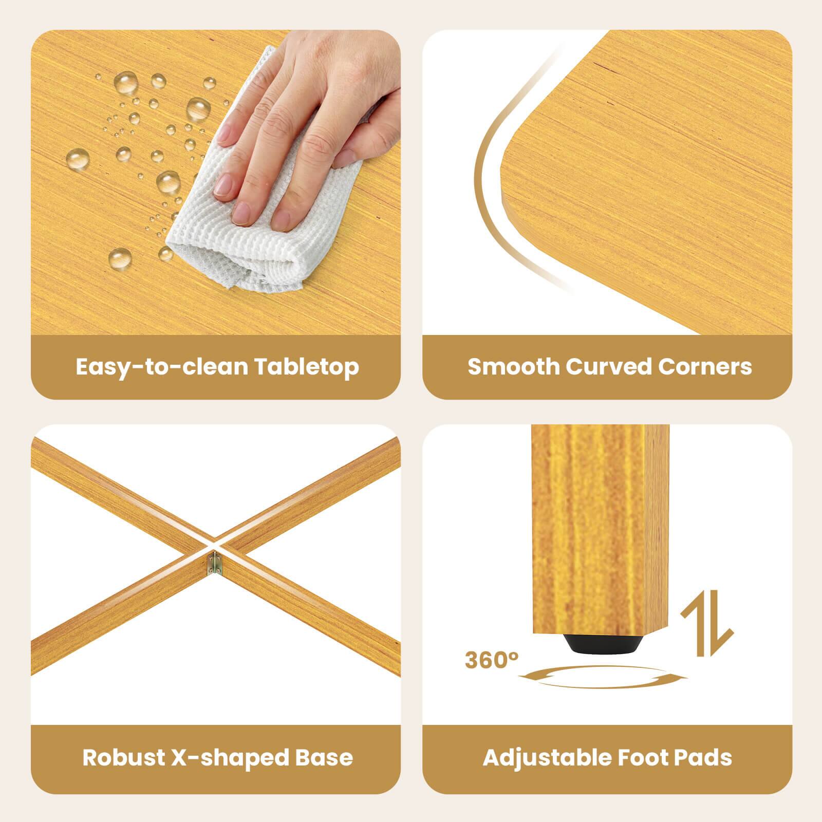 Easy-to-clean Tabletop  
Smooth Curved Corners  
Robust X-shaped Base  
Adjustable Foot Pads
