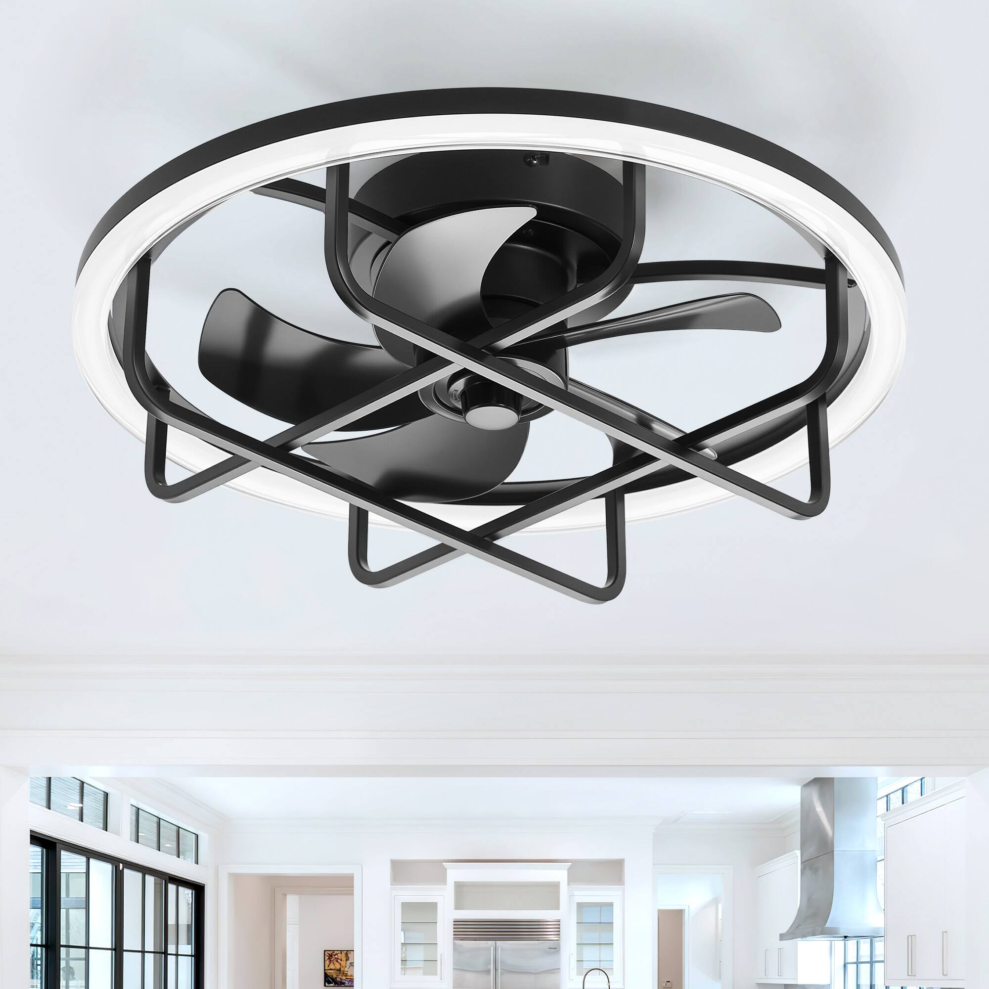 Left. Breezary - 20-Inch Caged Flush Mount Ceiling Fan with Acrylic Shade, Dimmable RGB LED, 6-Speed Remote, Timer, DC Motor - 20-Inch Black Caged Ceiling Fan.