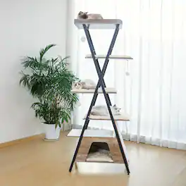 JUJABU - 73" Greige Wooden Cat Tower - Multi-Level Cat Tree with Scratching Posts, Caves, Large Perch & Removable Pads
