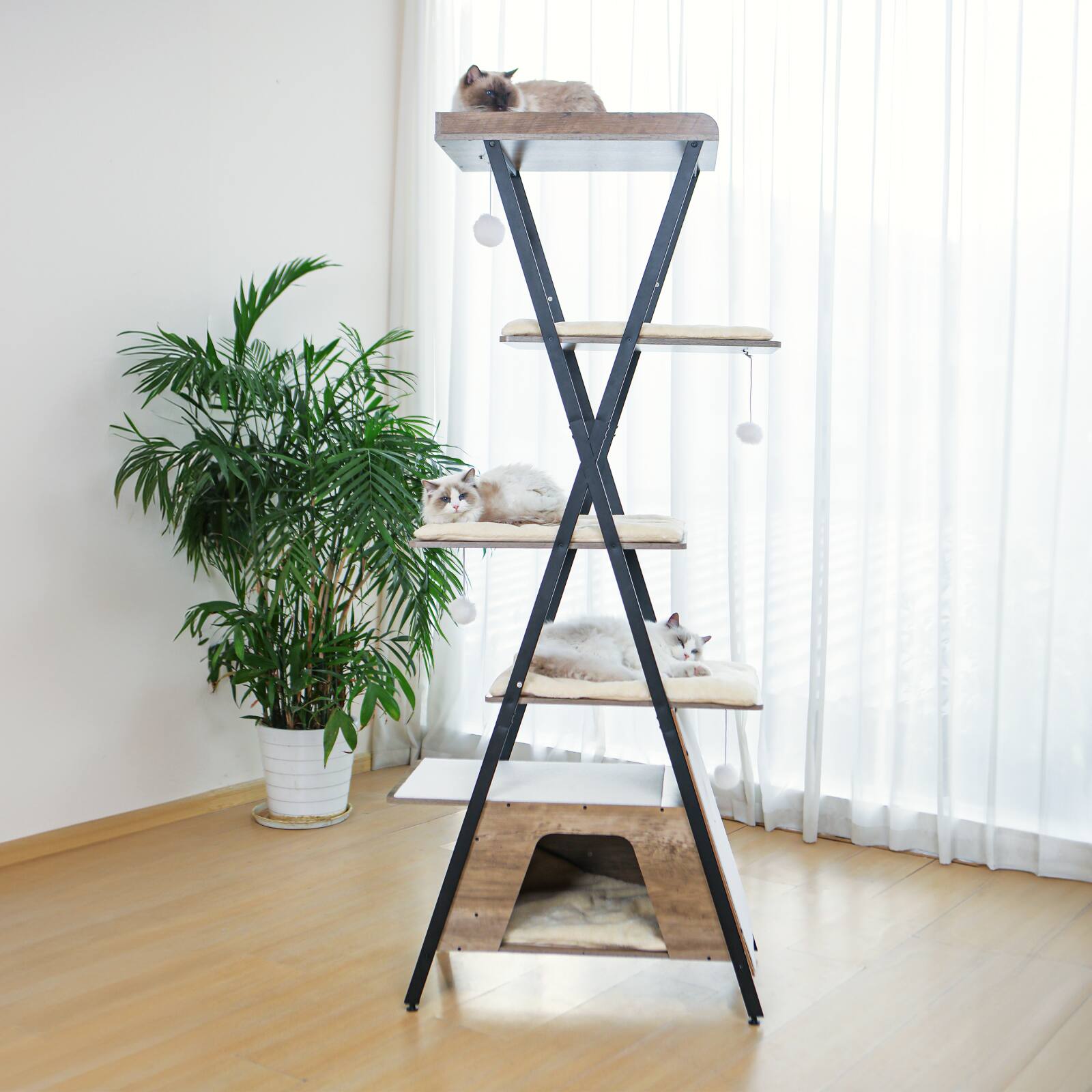 Front. JUJABU - 73" Greige Wooden Cat Tower - Multi-Level Cat Tree with Scratching Posts, Caves, Large Perch & Removable Pads.