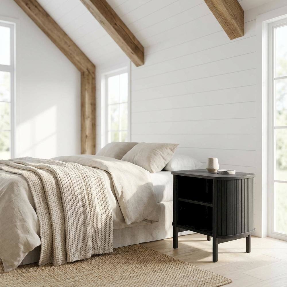 Left. FurniFact - Nightstand with Open Storage in Black, for Bedroom Living Space - Black.