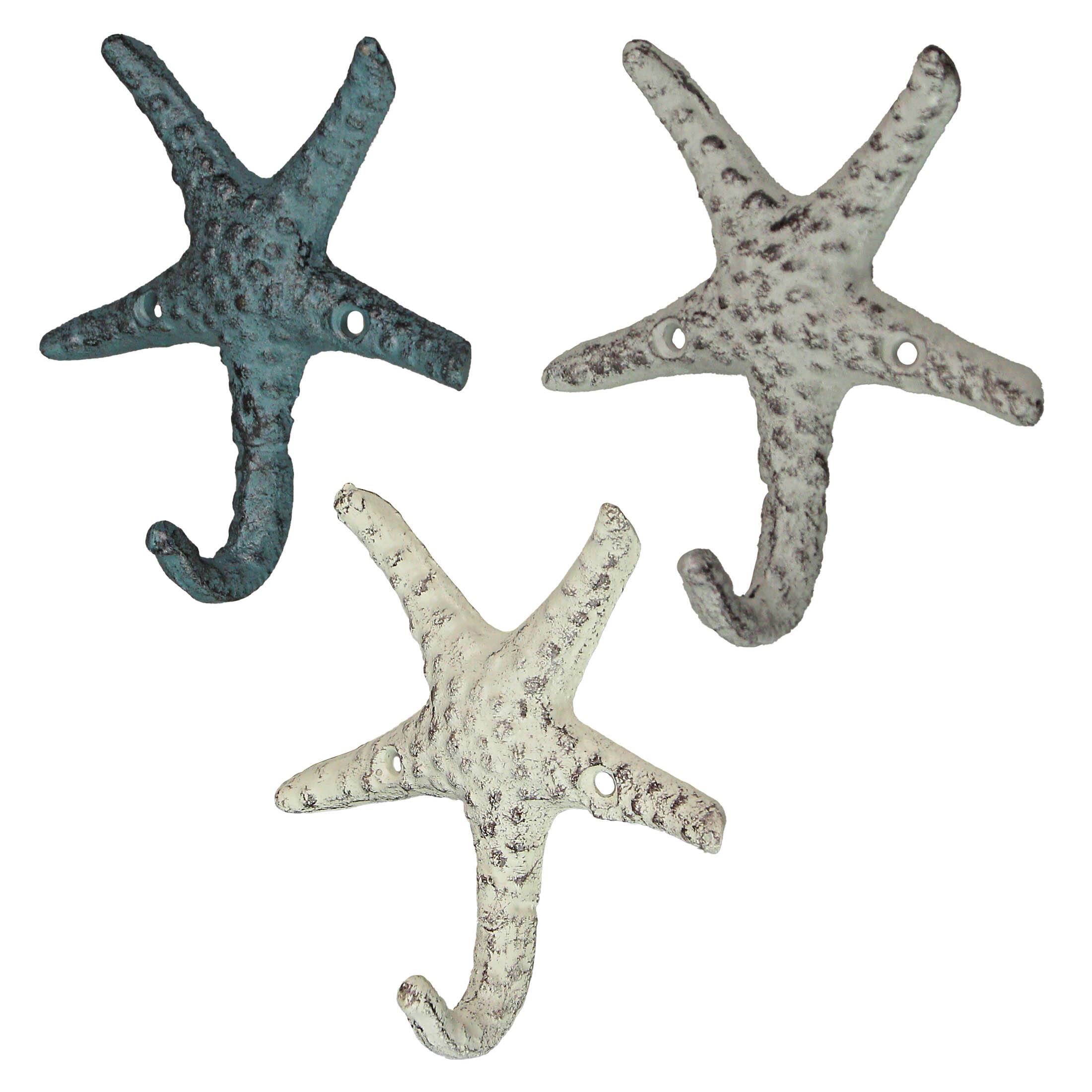 Alt View 4. Zeckos - Set of 3 Cast Iron Nautical Starfish Decorative Wall Hooks Hangers 4 Inches - Nautical.
