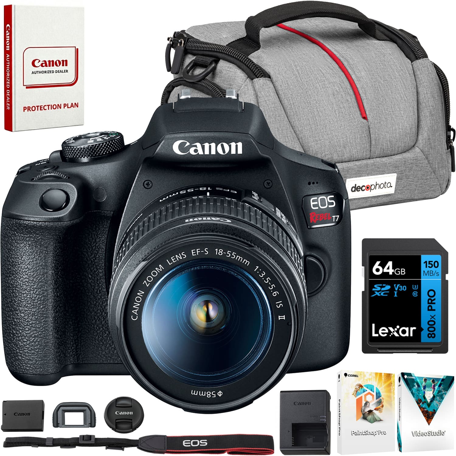 Canon AUTHORIZED DEALER PROTECTION PLAN
Canon EOS REBEL T7 EF-S 18-55mm LENS ZOOM 1:3.5-5.6 CANON IS II
64GB 150 MB/s S V30 g XC I 3 PRO Lexar Le 800x
Canon 58mm EOS
decophota.
PaintShopPro
VideoStudio