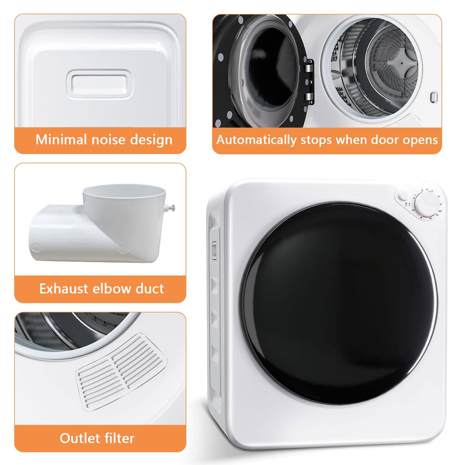 - Minimal noise design
- Automatically stops when door opens
- Exhaust elbow duct
- Outlet filter