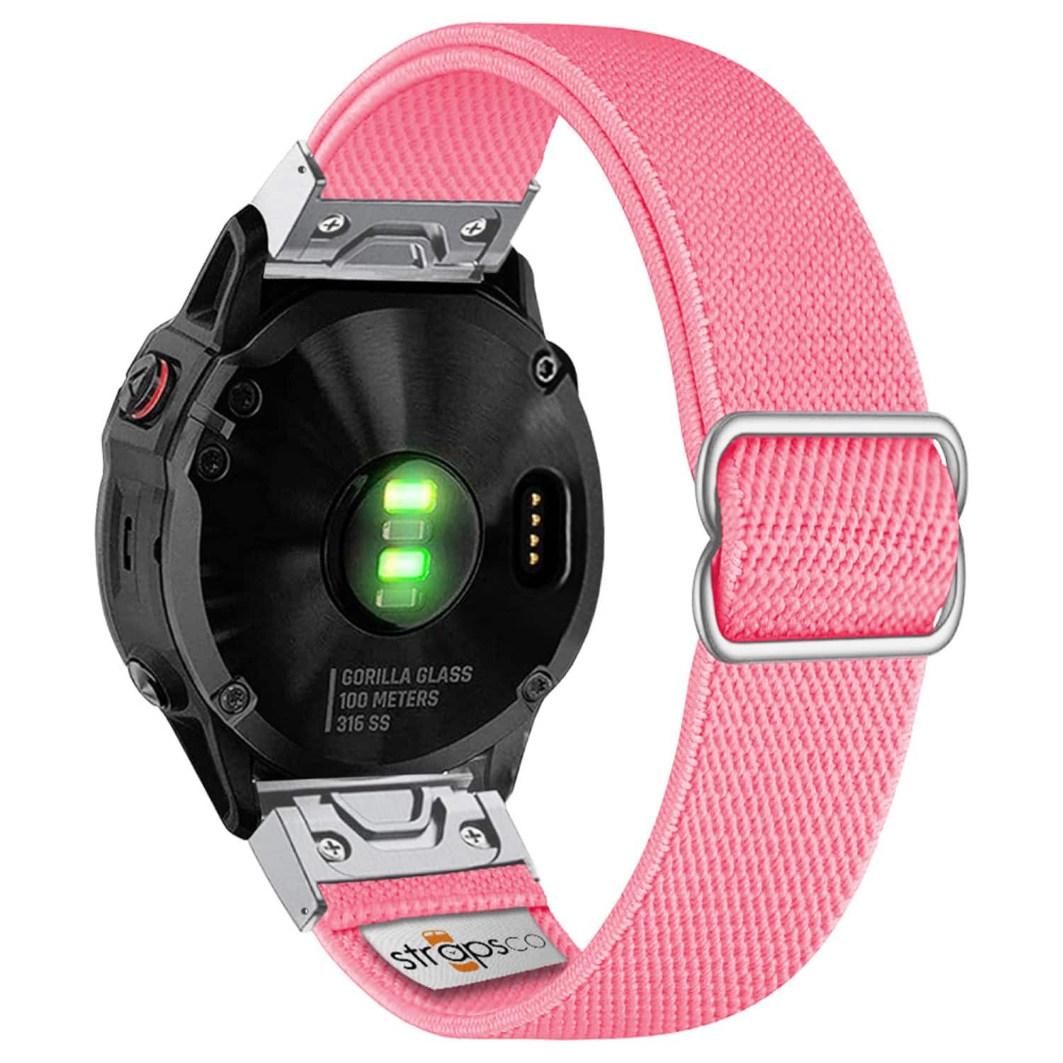 StrapsCo - Nylon Stretch Band QuickFit 22 Watch Strap For Garmin Fenix 7 & 7 Pro - Pink (Silver Adapter)