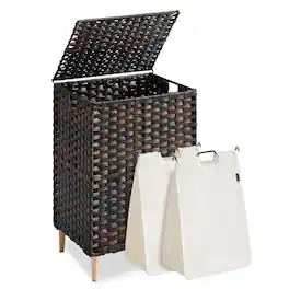 Songmics Home - Laundry Hamper with Lid, PE Rattan Laundry Basket with Removable Liner, Storage Basket for Bedroom Living Room - Chestnut Brown