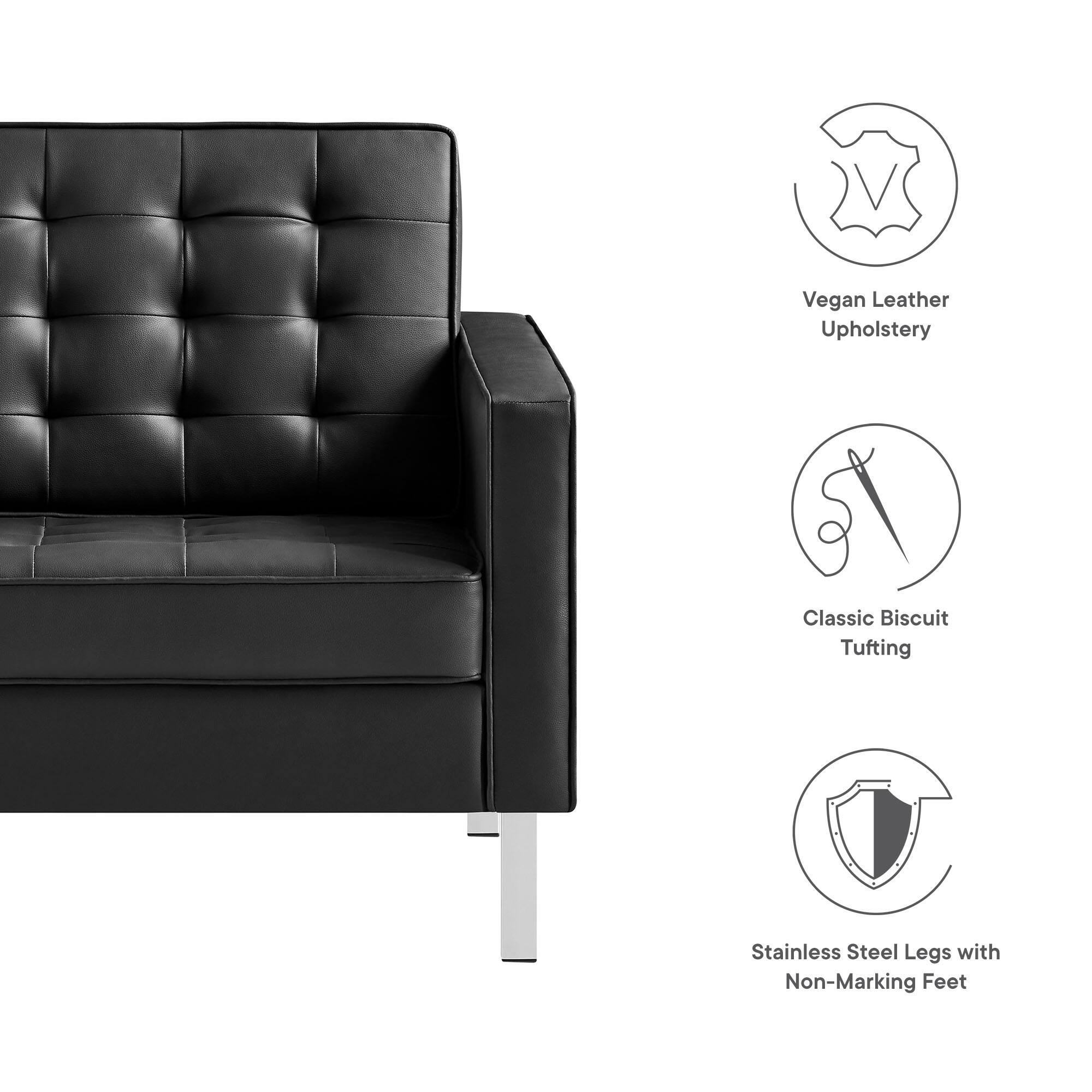 Vegan Leather Upholstery  
Classic Biscuit Tufting  
Stainless Steel Legs with Non-Marking Feet