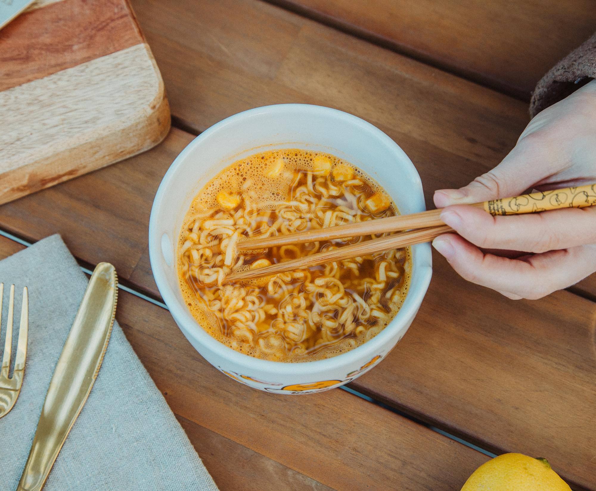 Alt View 5. Silver Buffalo - Sanrio Gudetama x Nissin Top Ramen Yolk Poses 20-Ounce Ramen Bowl With Chopsticks - Yellow.