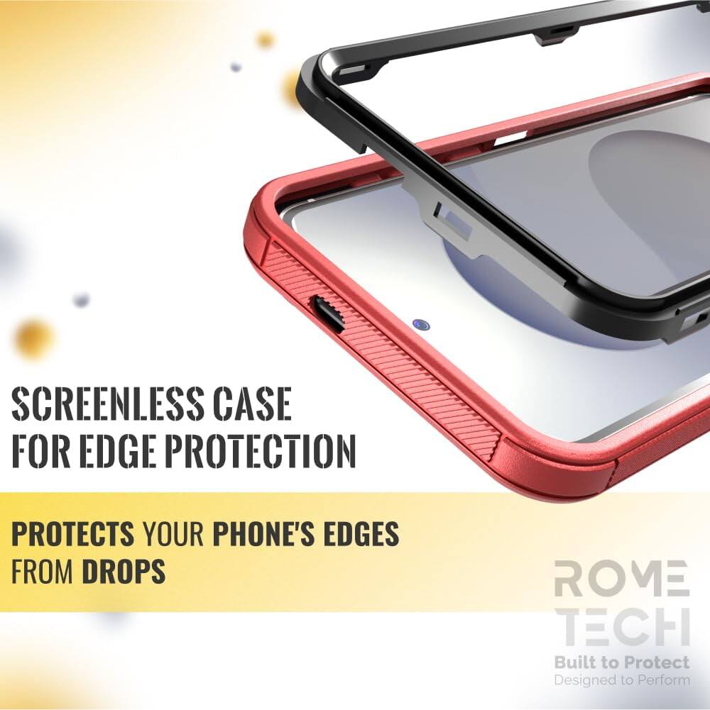 SCREENLESS CASE FOR EDGE PROTECTION  
PROTECTS YOUR PHONE'S EDGES FROM DROPS  

ROME TECH  
Built to Protect  
Designed to Perform