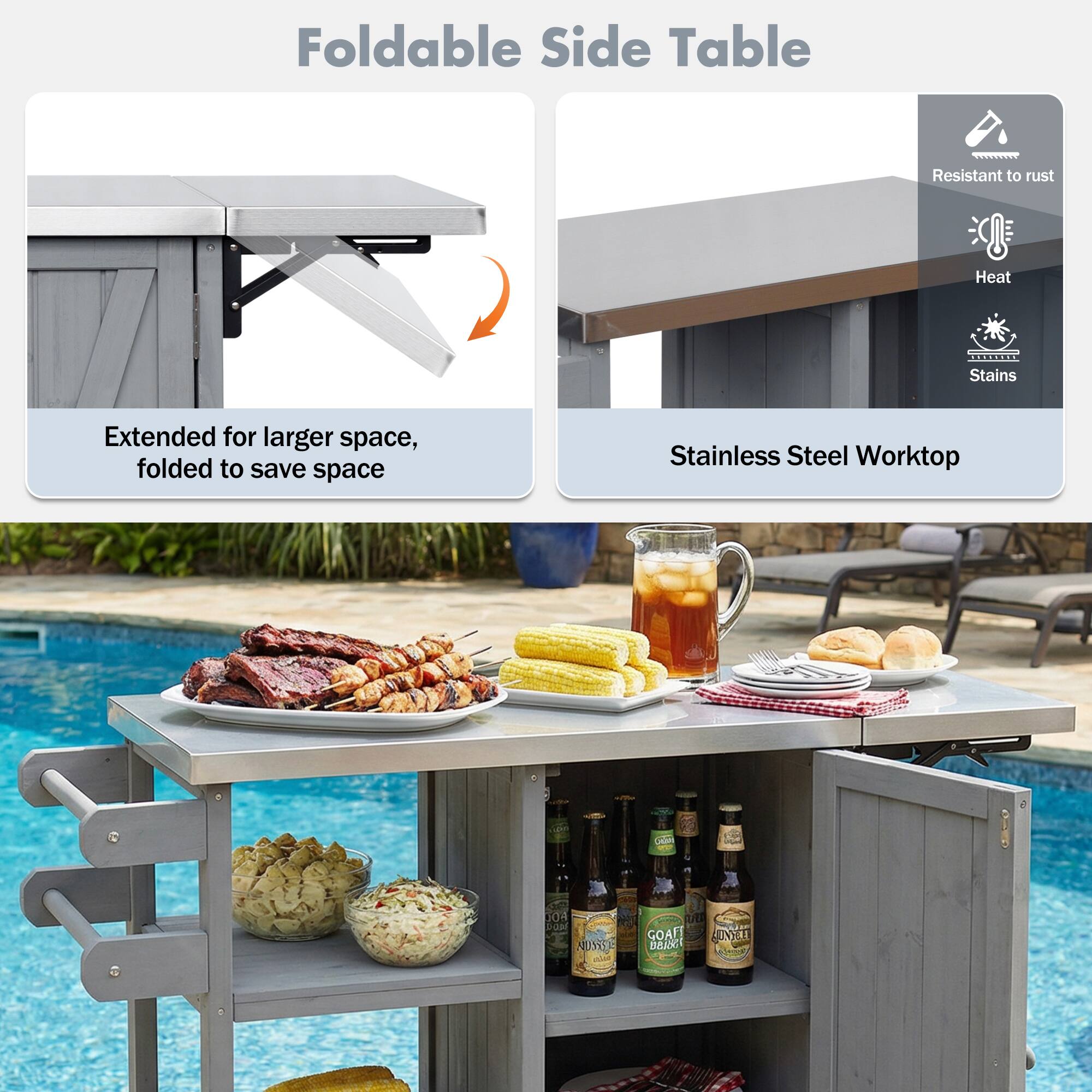 Foldable Side Table

Extended for larger space, folded to save space

Stainless Steel Worktop

Resistant to rust
Heat
Stains